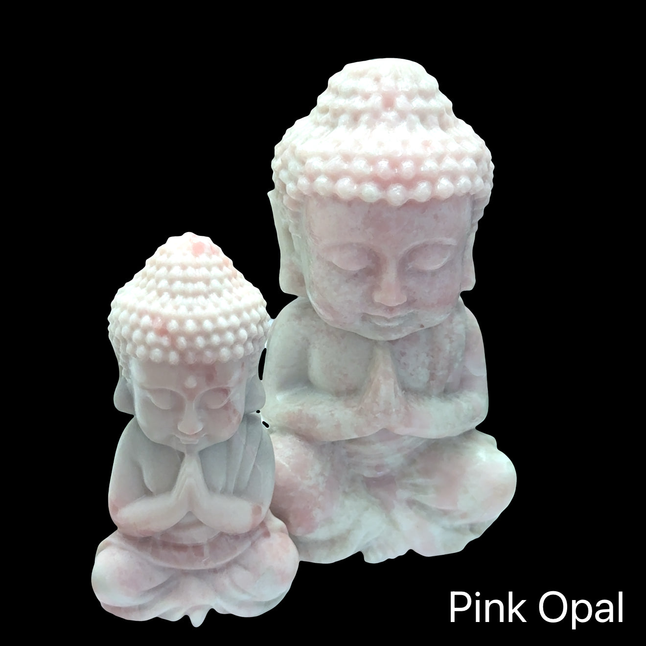 Two Pink opal Buddha carving in meditation pose for emotional healing on a Black background, front overview. 