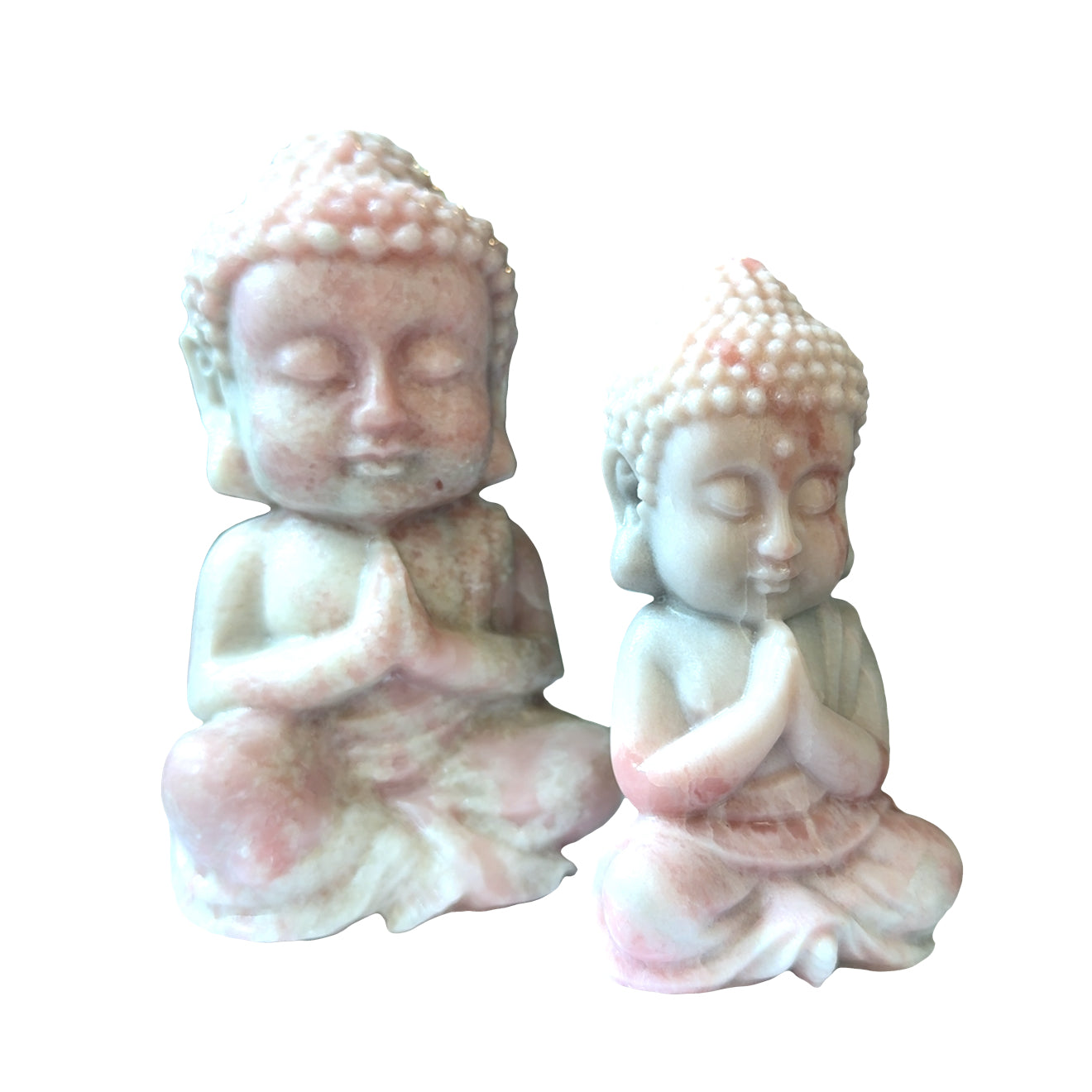 Two Pink opal Buddha carving in meditation pose for emotional healing on a white background, front overview. 