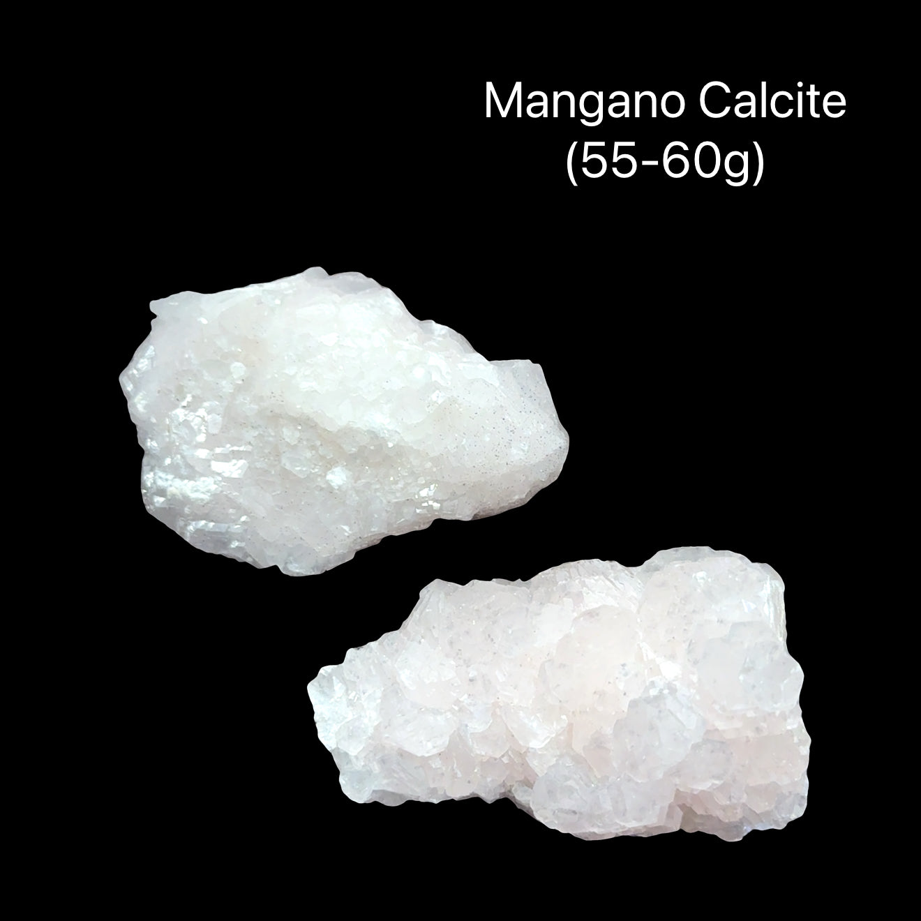 Two Raw mangano calcite from 2nd Sovetskii Mine Russia in soft blush pink for heart chakra healing anxiety relief and divine love with angel communication (55-60g), on a black background, front view. 