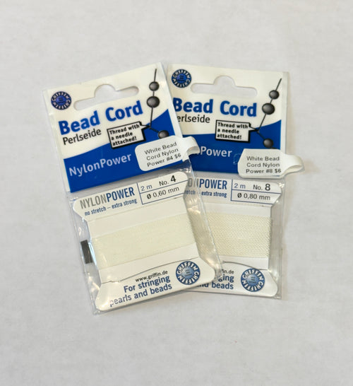 Two packages of White Nylon Power Bead Cord #4 and #8 on a white background, front view.