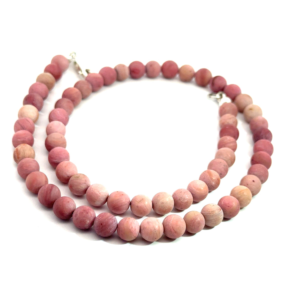 Rhodonite Gemstone Beaded Necklace — 17" Matte Pink Beads with Sterling Silver Clasp