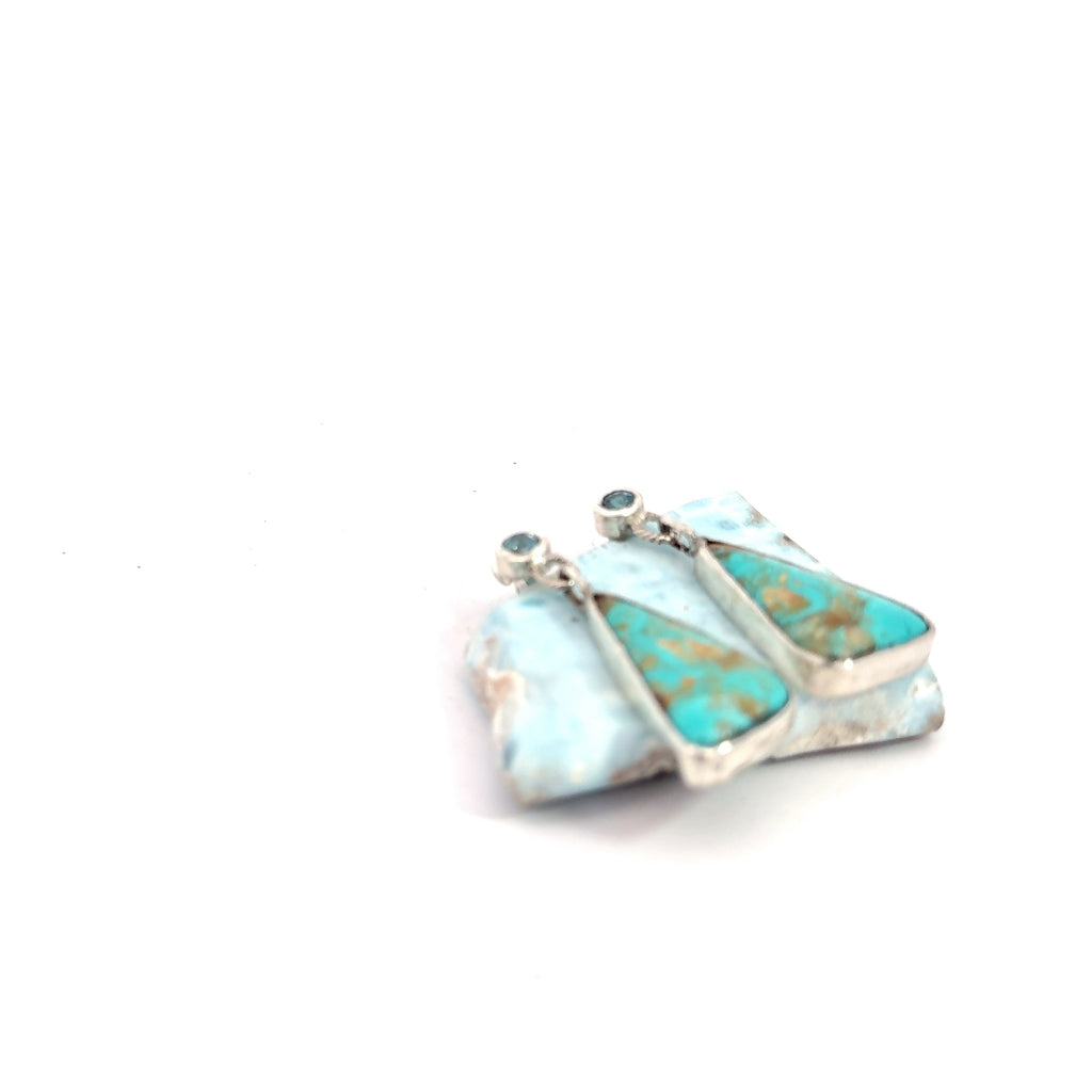 Blue Zircon & Royston Turquoise Drop Earrings | Genuine Gemstones | Sterling Silver Bezel Set | Handcrafted in Boston