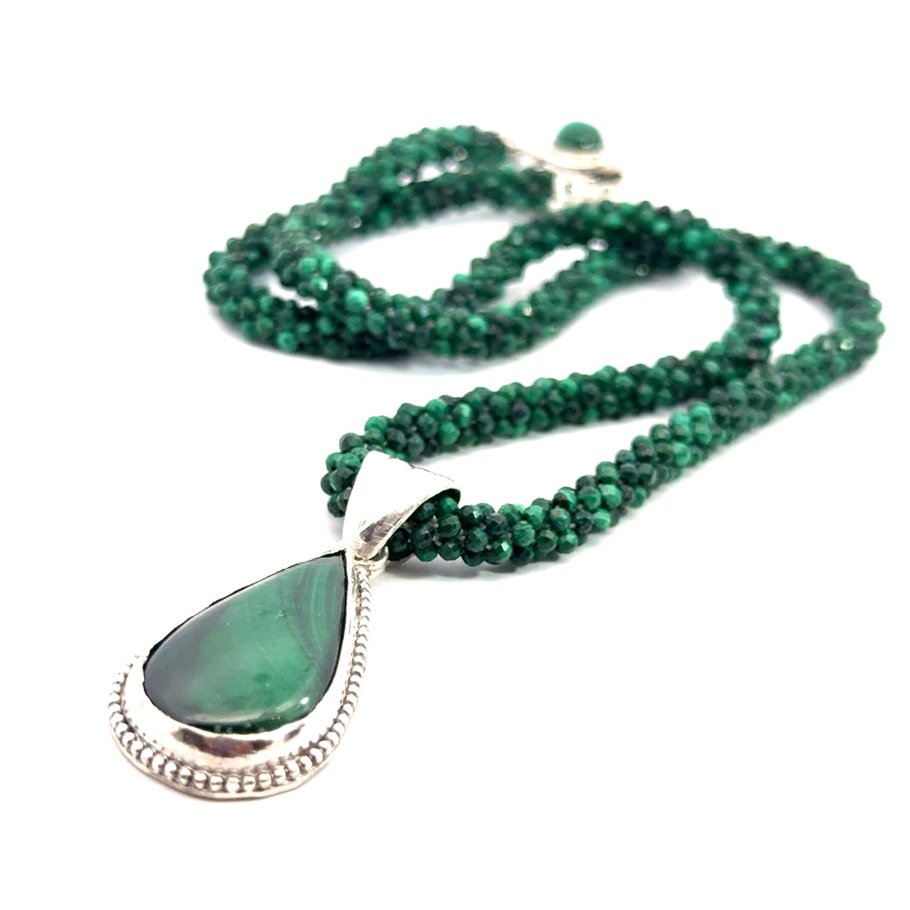 Malachite Gemstone Crocheted Necklace, jewelry