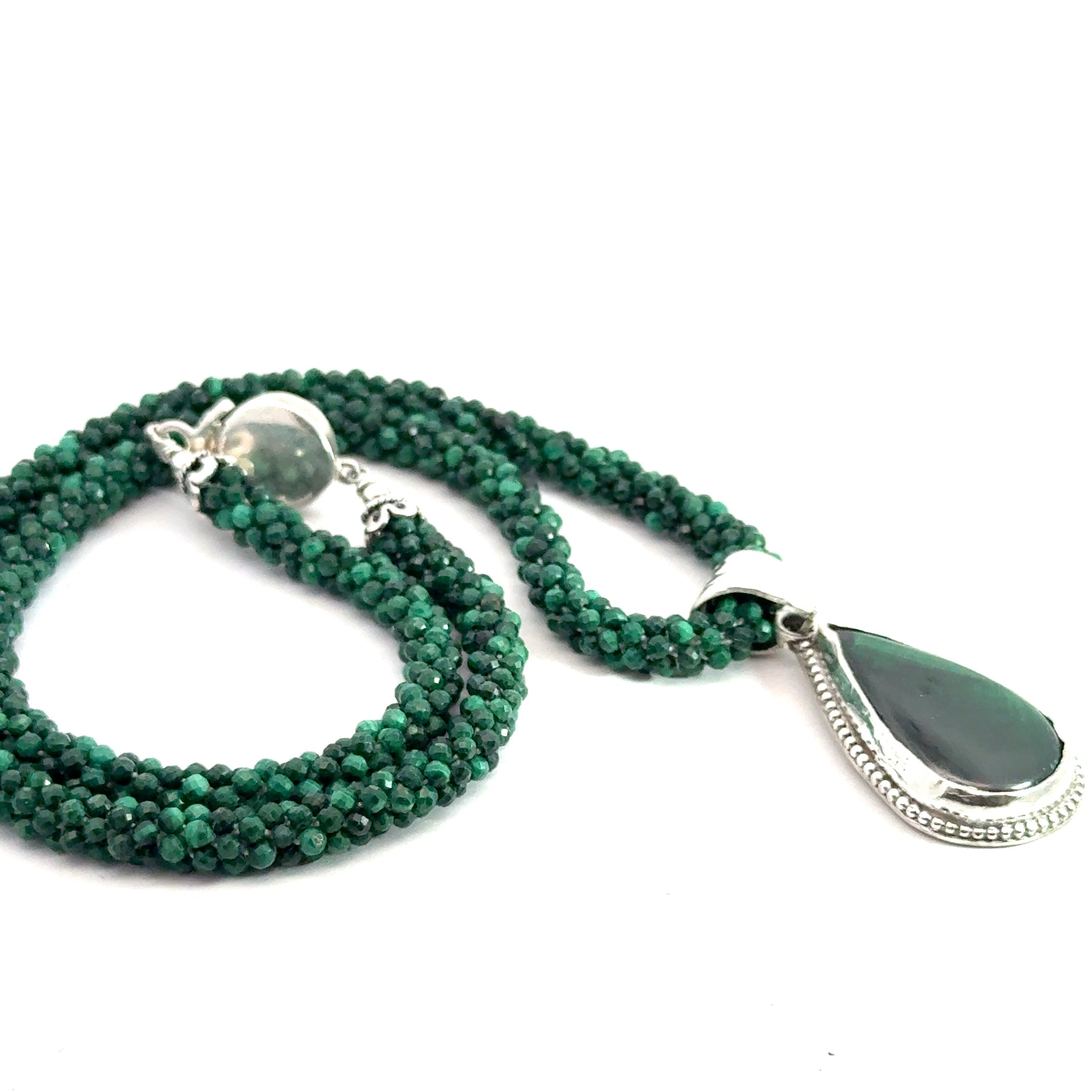 Malachite Gemstone Crocheted Necklace, jewelry