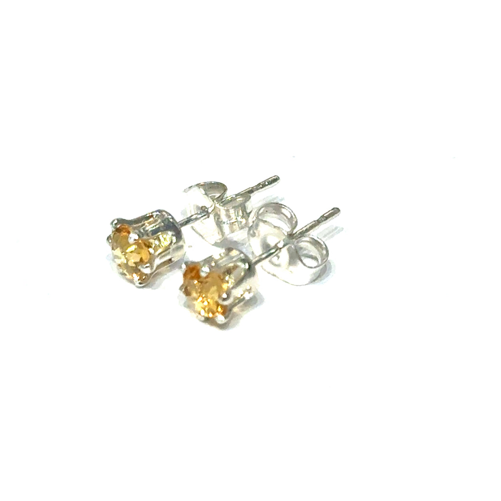 Citrine Faceted Round Post Earrings – 4mm Crystal in 14k Gold Basket Setting for Creativity & Abundance