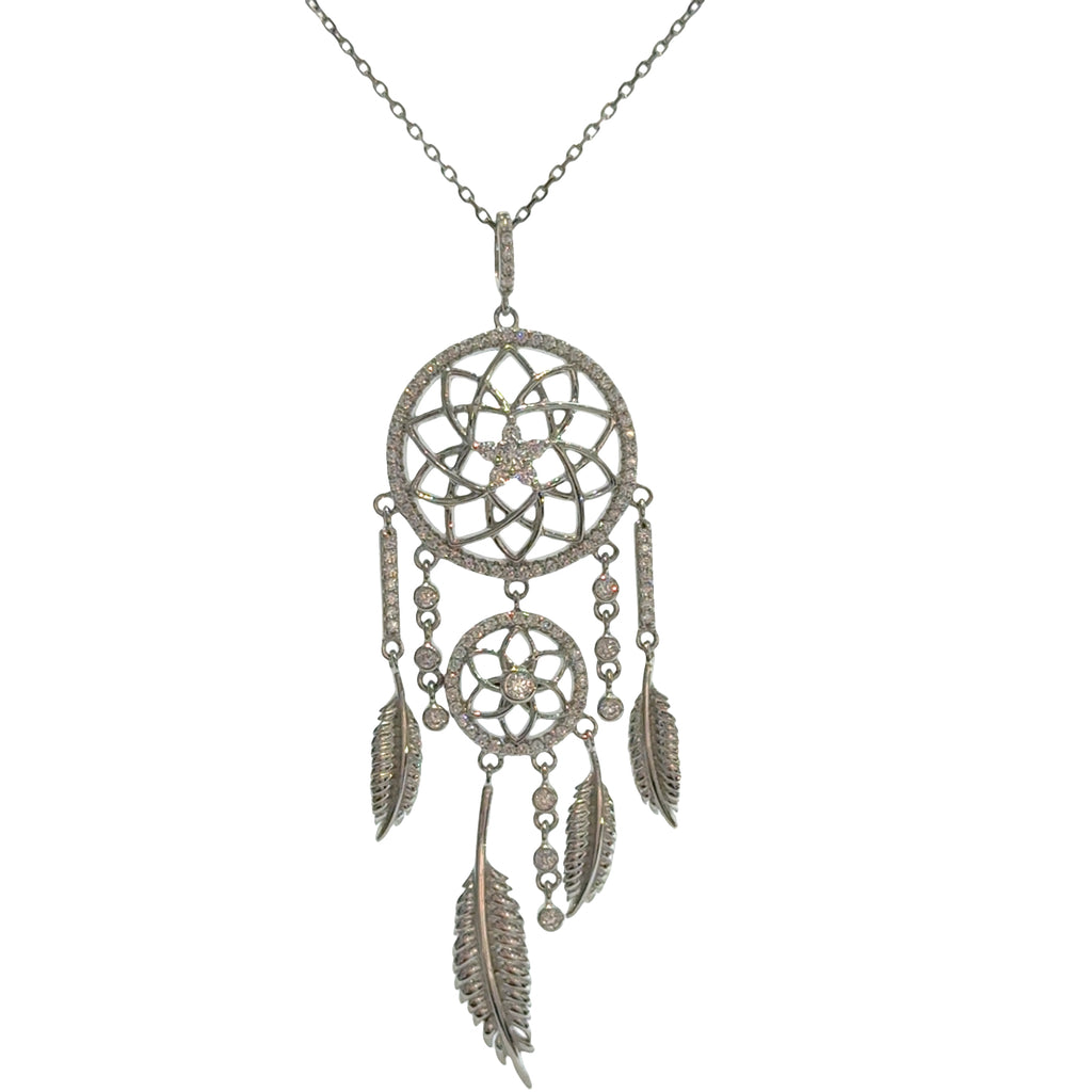 Pavé CZ Dream Catcher Necklace and Earrings Set: 925 Sterling Silver Spiritual Protection Jewelry