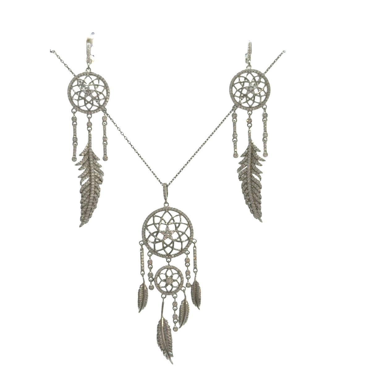 Pavé CZ Dream Catcher Necklace and Earrings Set: 925 Sterling Silver Spiritual Protection Jewelry