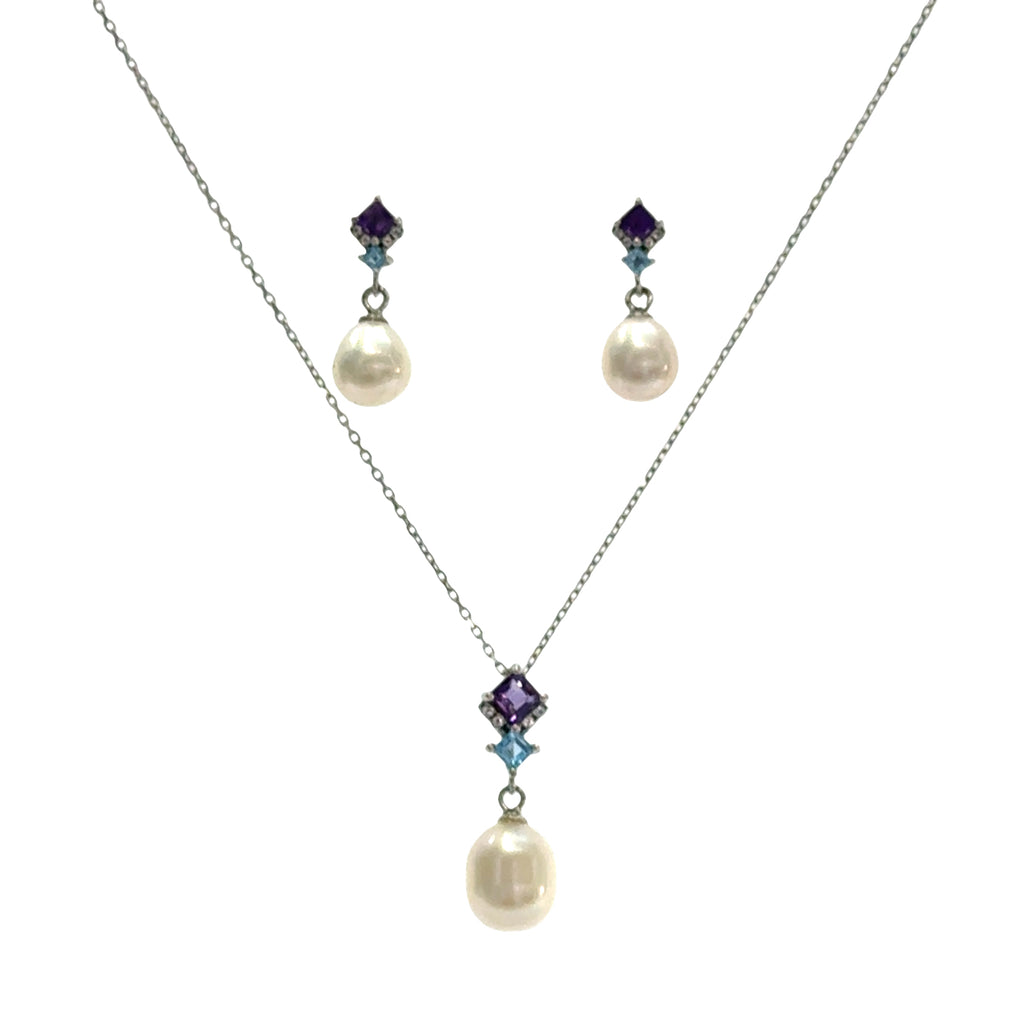 Amethyst, Aquamarine & Pearl Pendant Necklace with Matching Earrings