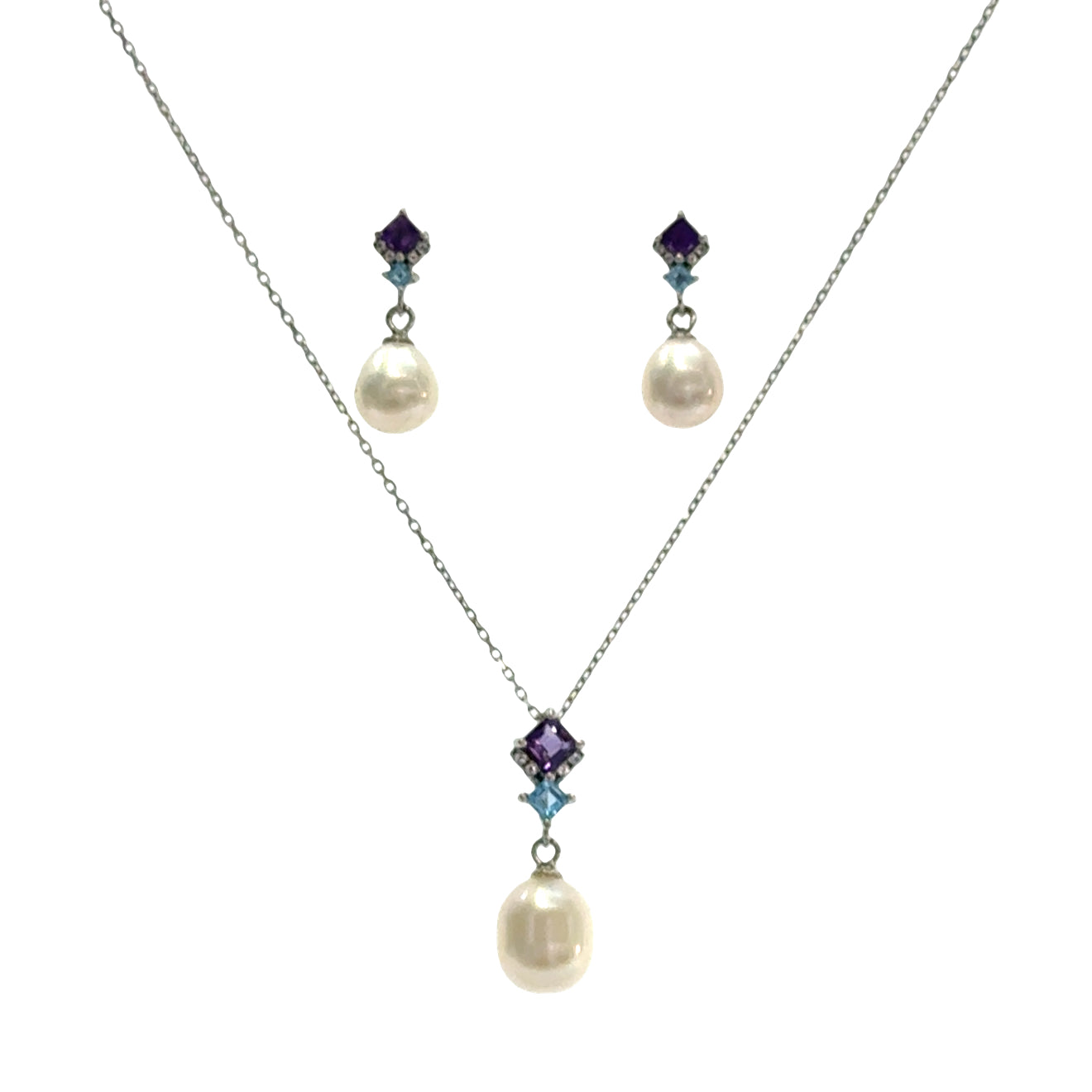 Amethyst, Aquamarine & Pearl Pendant Necklace with Matching Earrings