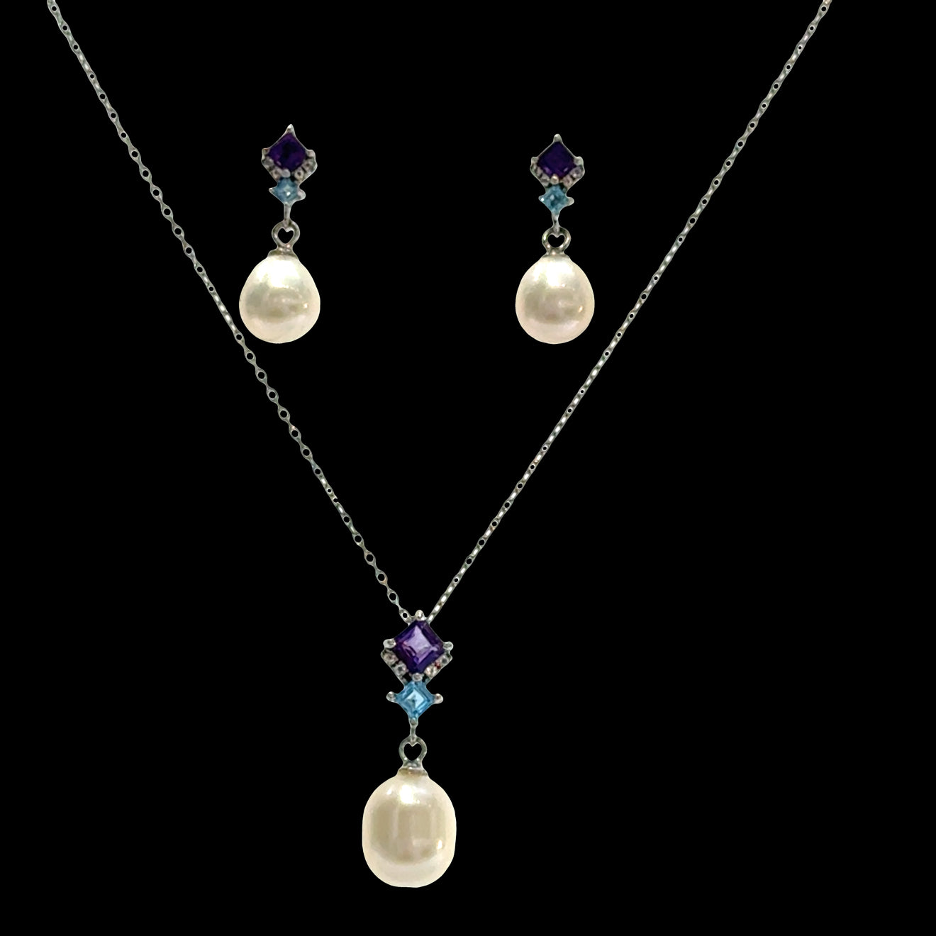 Amethyst, Aquamarine & Pearl Pendant Necklace with Matching Earrings