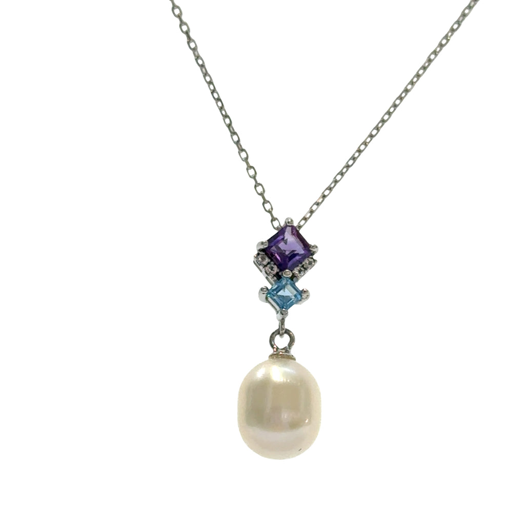 Amethyst, Aquamarine & Pearl Pendant Necklace with Matching Earrings