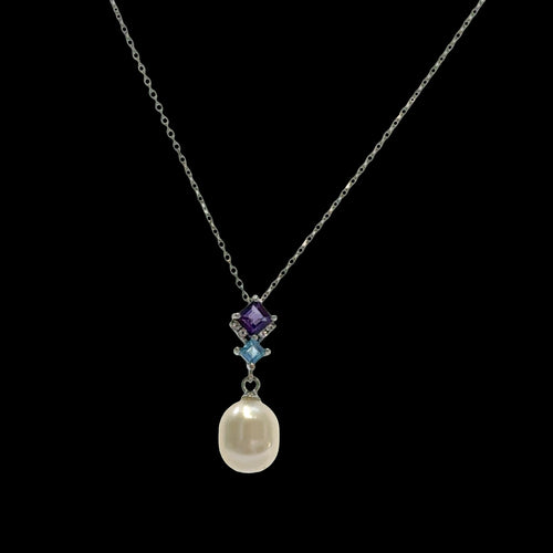 Amethyst, Aquamarine & Pearl Pendant Necklace with Matching Earrings