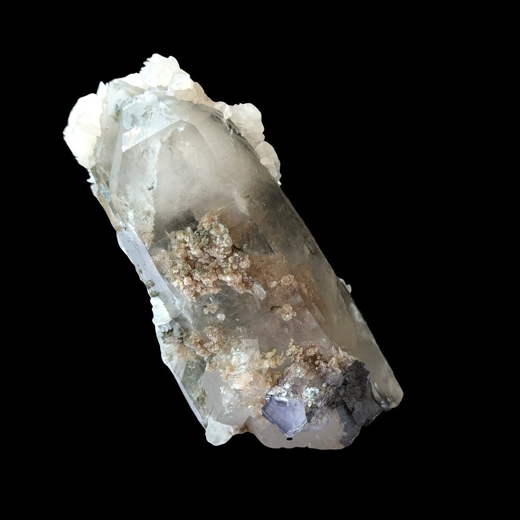 Clear Quartz Point with Calcite, Fluorite, and Pyrite Inclusions