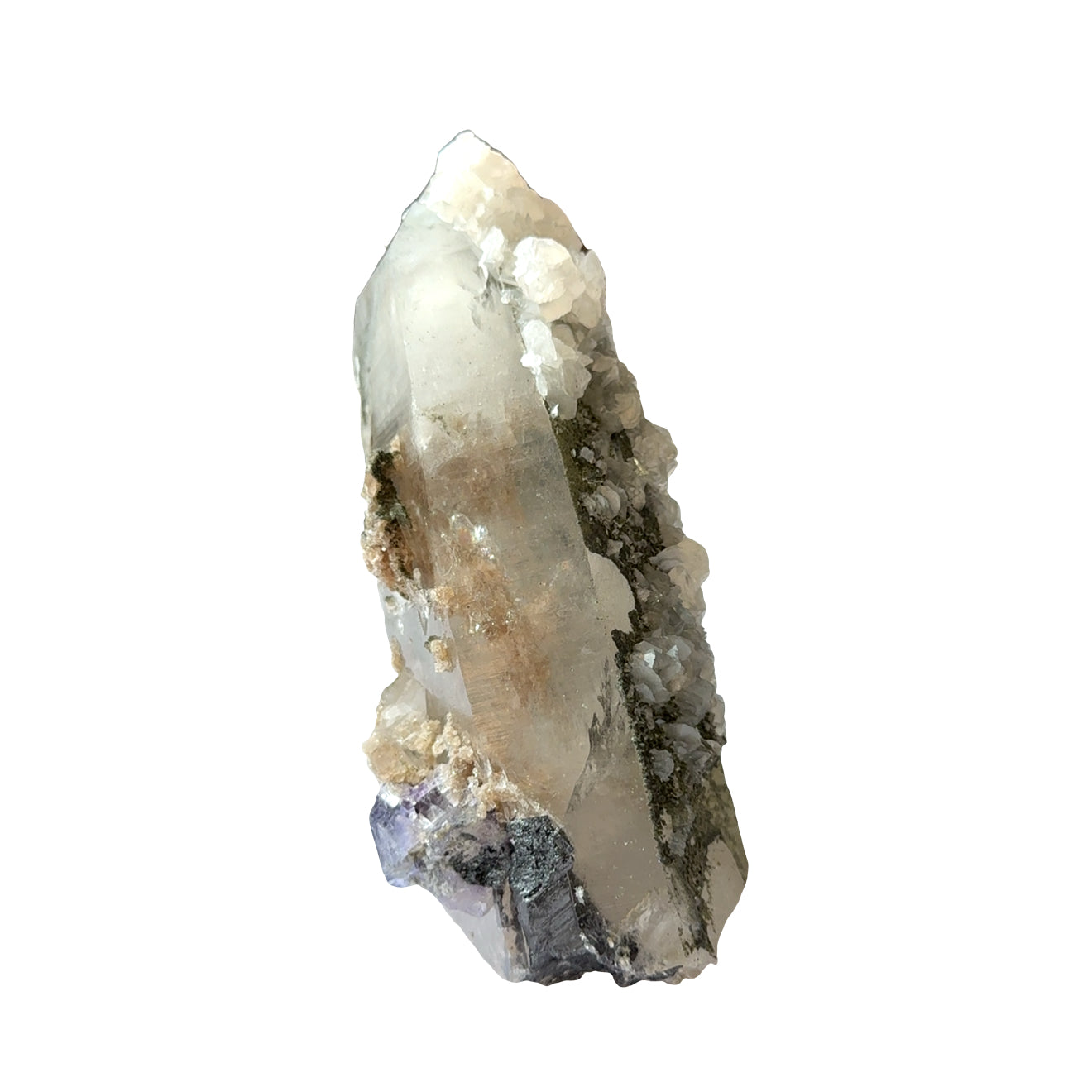 Clear Quartz Point with Calcite, Fluorite, and Pyrite Inclusions