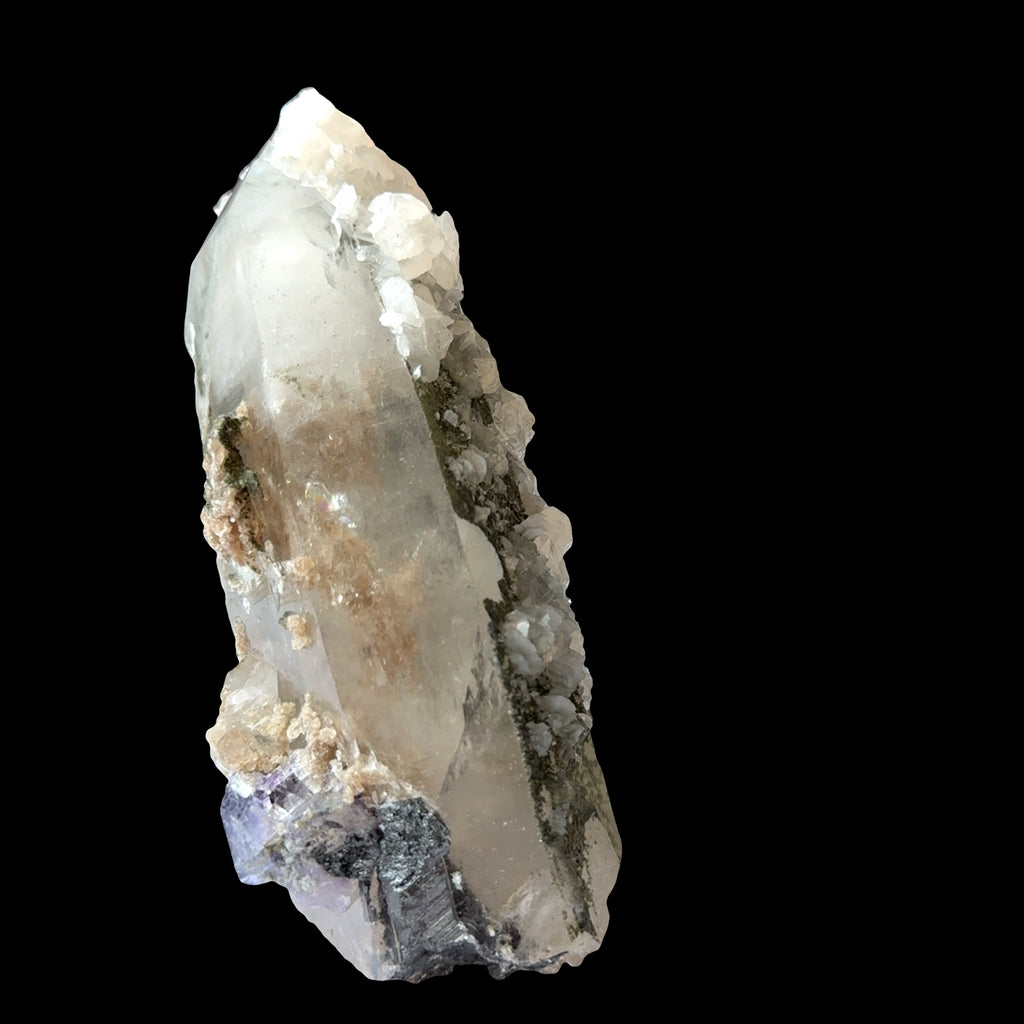 Clear Quartz Point with Calcite, Fluorite, and Pyrite Inclusions