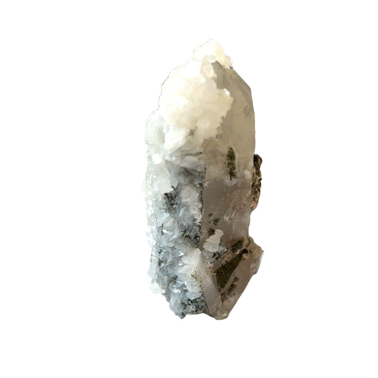 Clear Quartz Point with Calcite, Fluorite, and Pyrite Inclusions