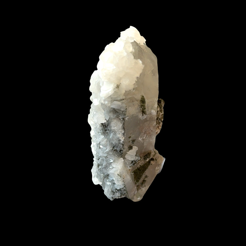 Clear Quartz Point with Calcite, Fluorite, and Pyrite Inclusions