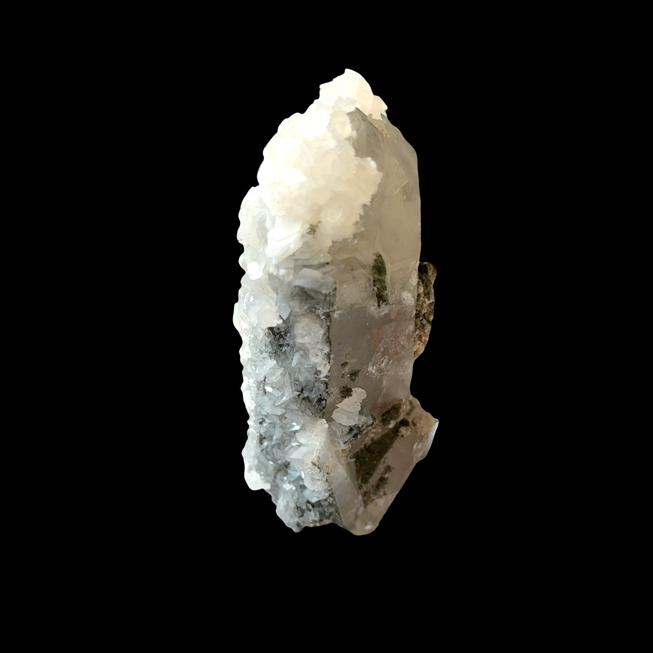 Clear Quartz Point with Calcite, Fluorite, and Pyrite Inclusions