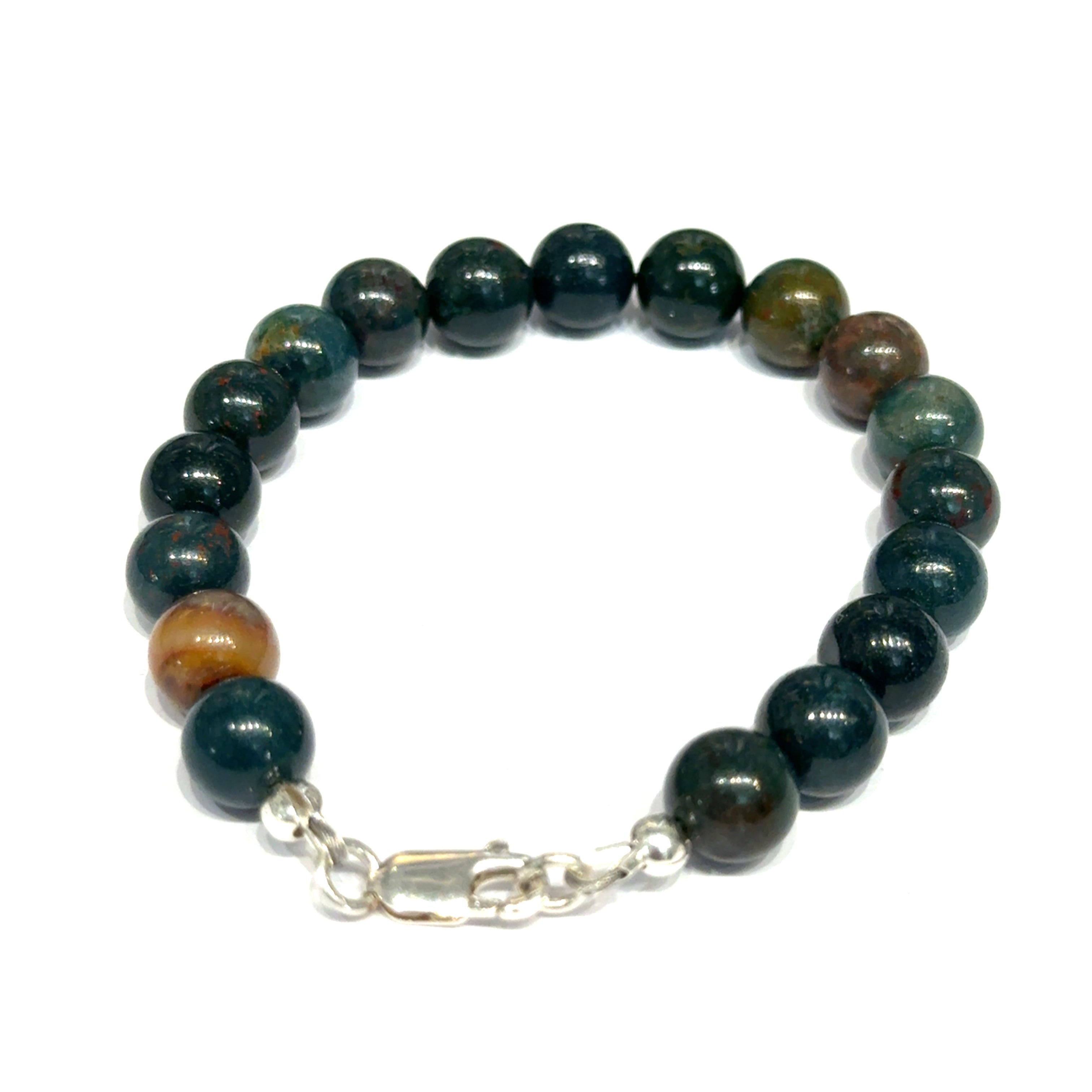 Natural bloodstone bracelet 8.5mm size 7.25'' beads with sterling silver clasp for root chakra healing and warrior strength on a white background, back overview. 