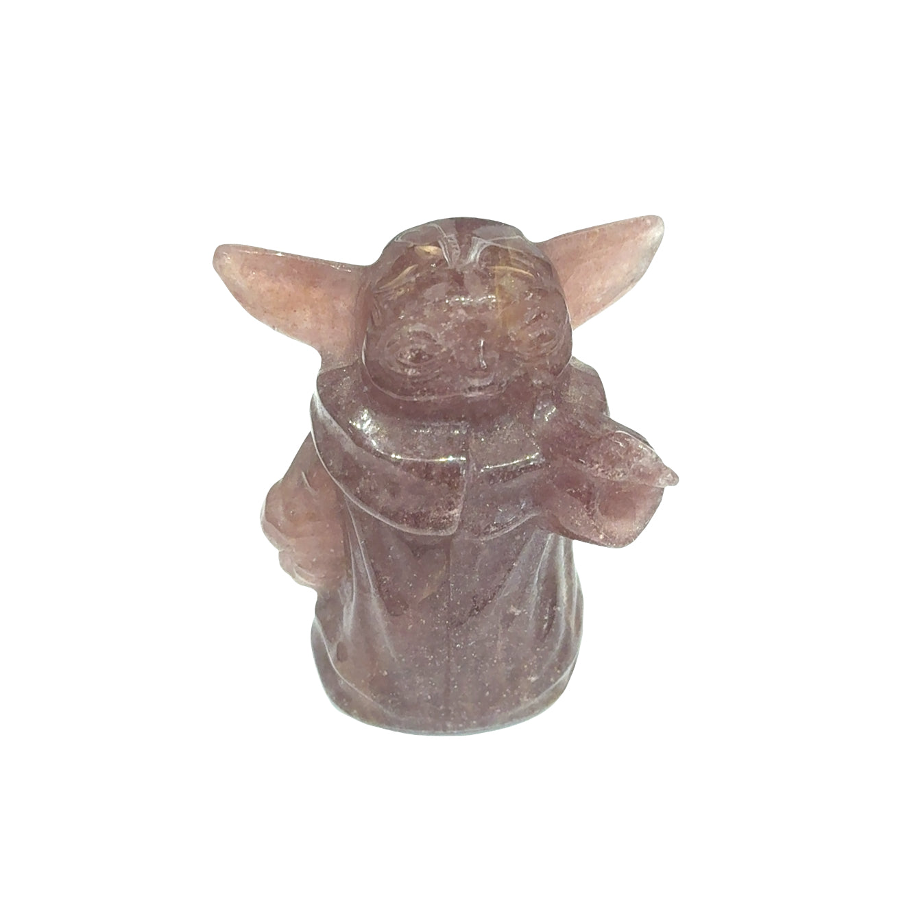 A small carved figurine of Grogu, also known as The Child, made from a translucent dusty rose quartz stone, set against a plain white background.