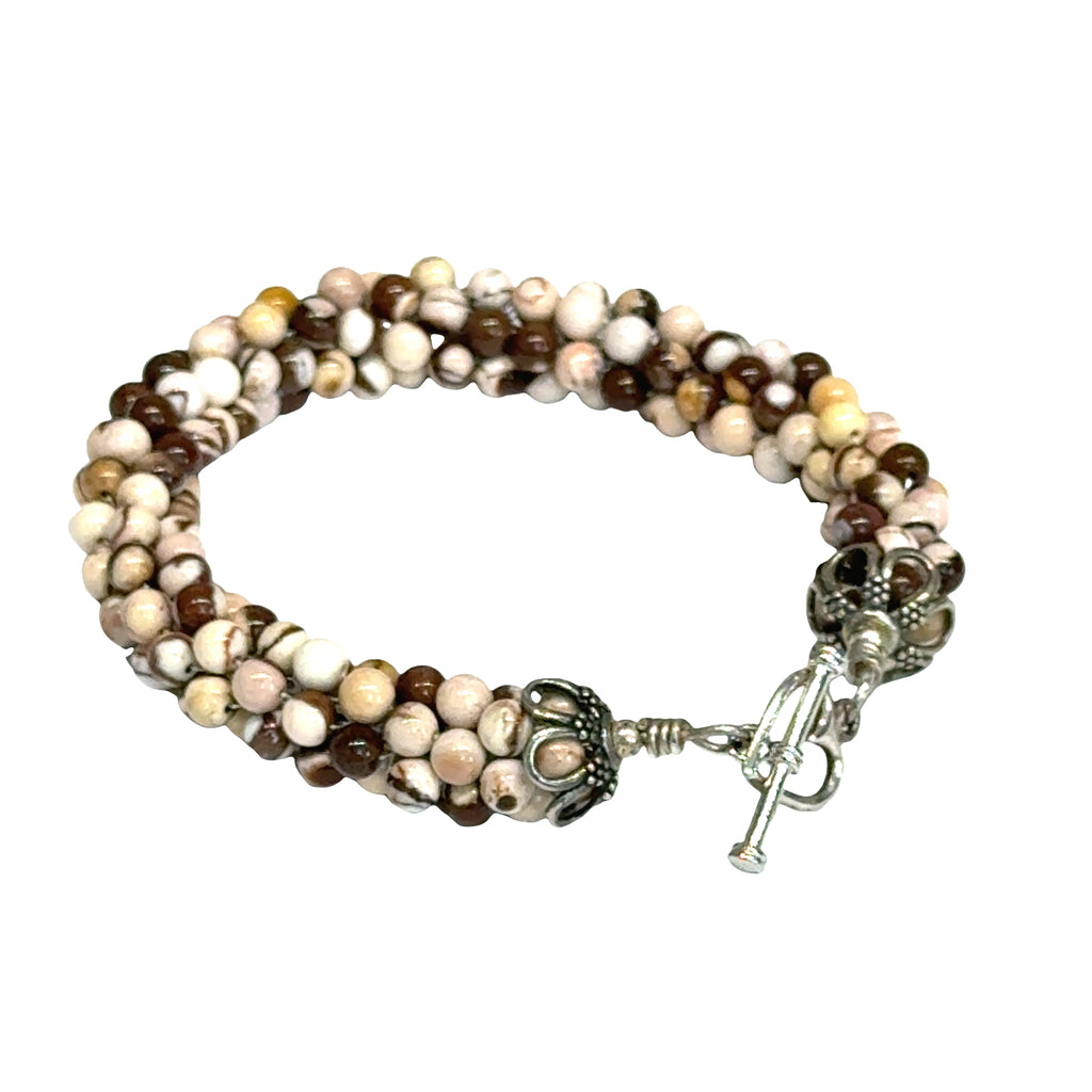 Brown Zebra Jasper Crocheted Gemstone Bracelet | Sterling Silver Heart Toggle | 7 Inches | Handmade | Boston | Root Chakra Grounding | Reiki Charged
