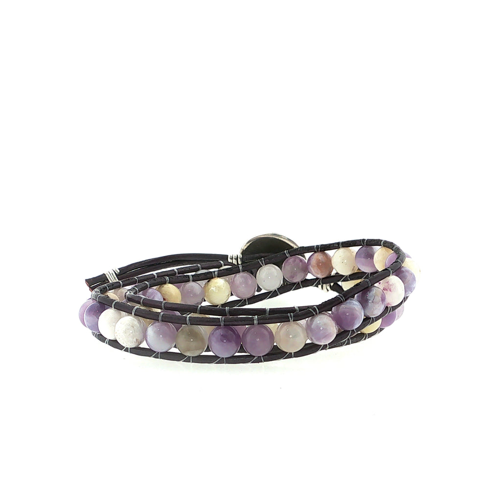 Purple Jade Gemstone Double Leather Wrap Bracelet