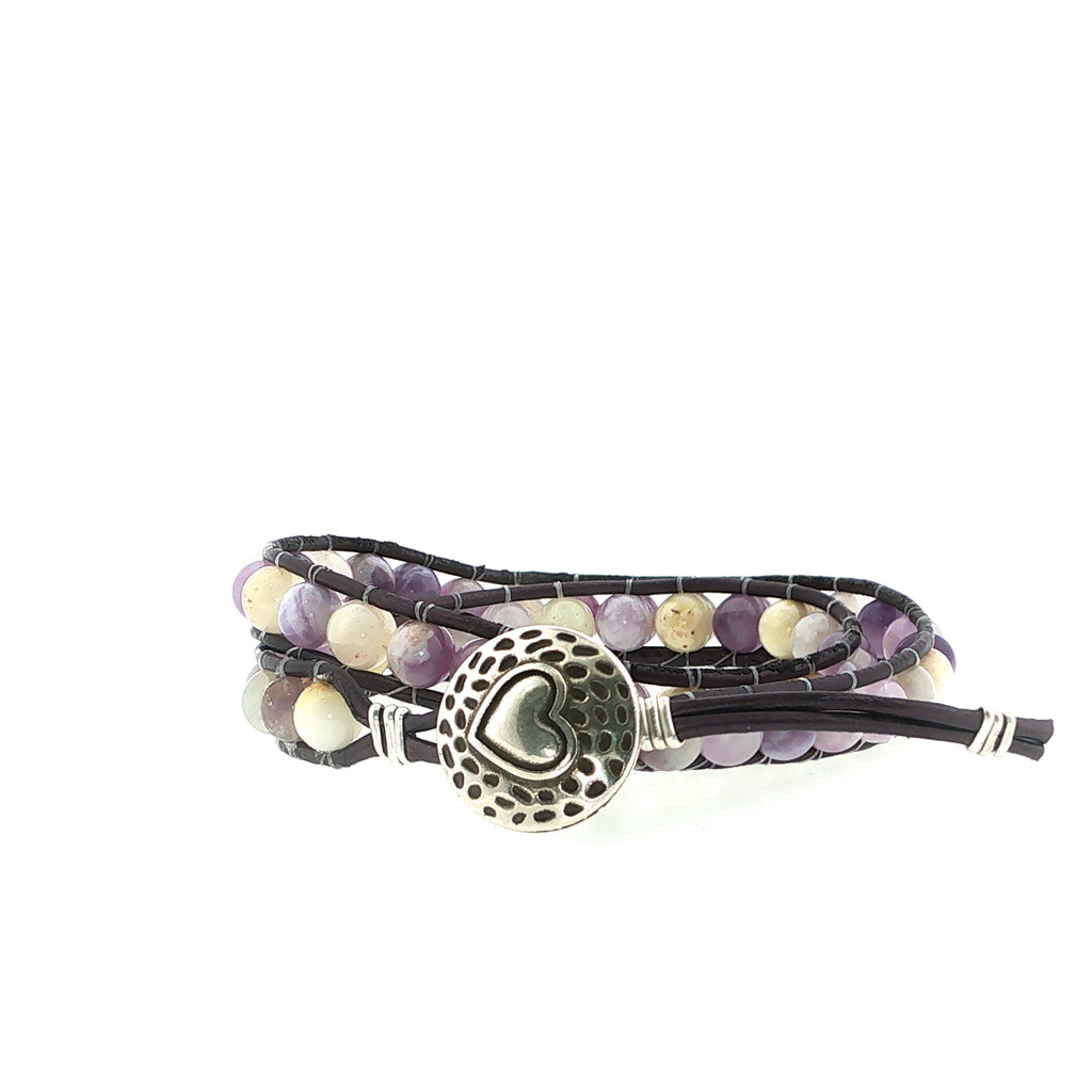Purple Jade Gemstone Double Leather Wrap Bracelet