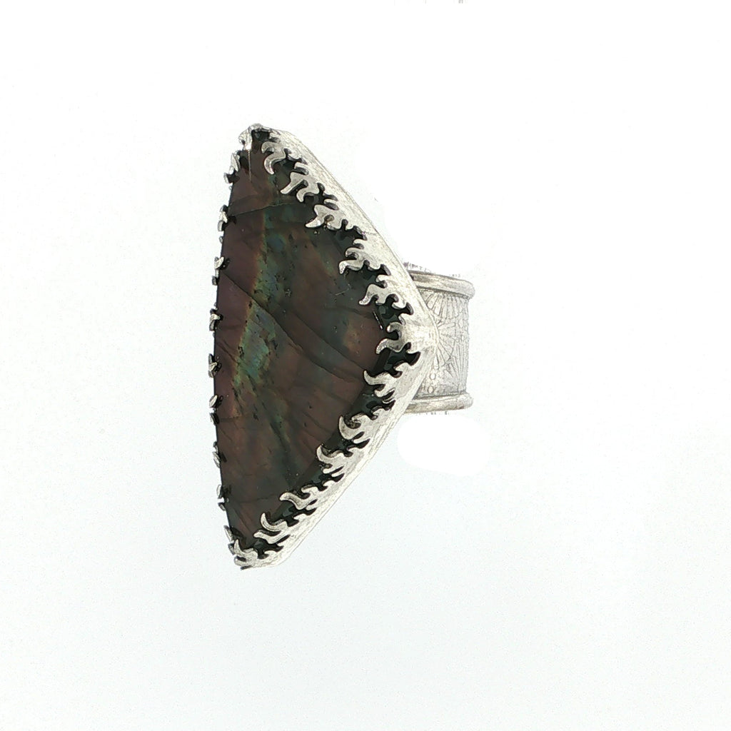 Labradorite Statement Ring Sterling Silver Bezel-Set Cabochon Ring, Size 7.5