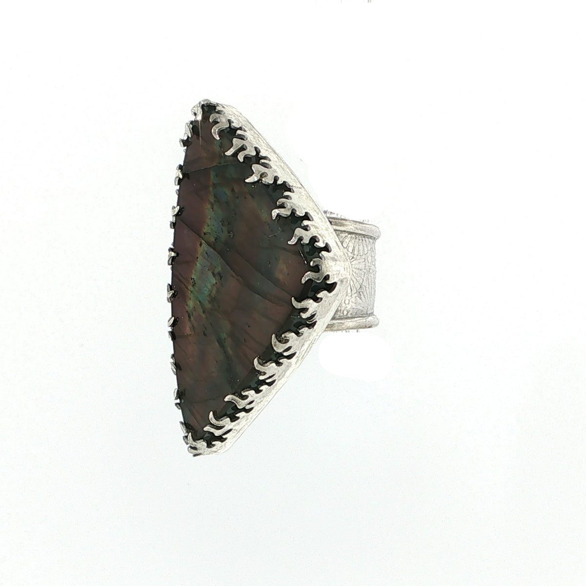 Labradorite Statement Ring Sterling Silver Bezel-Set Cabochon Ring, Size 7.5