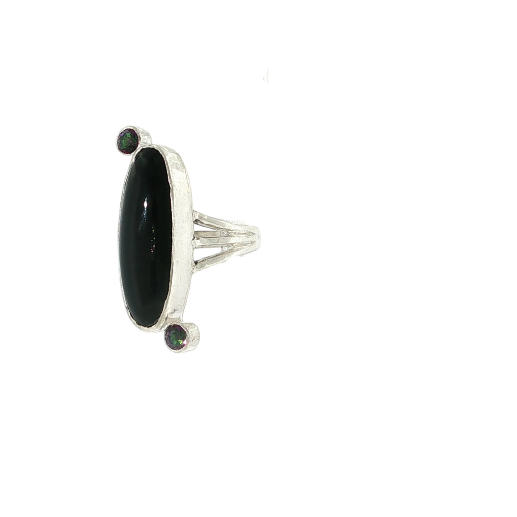 Black Obsidian and Mystic Topaz Sterling Silver Ring Size 7, Split Shank, Bezel-Set Oval Black Obsidian, Tube-Set Mystic Topaz
