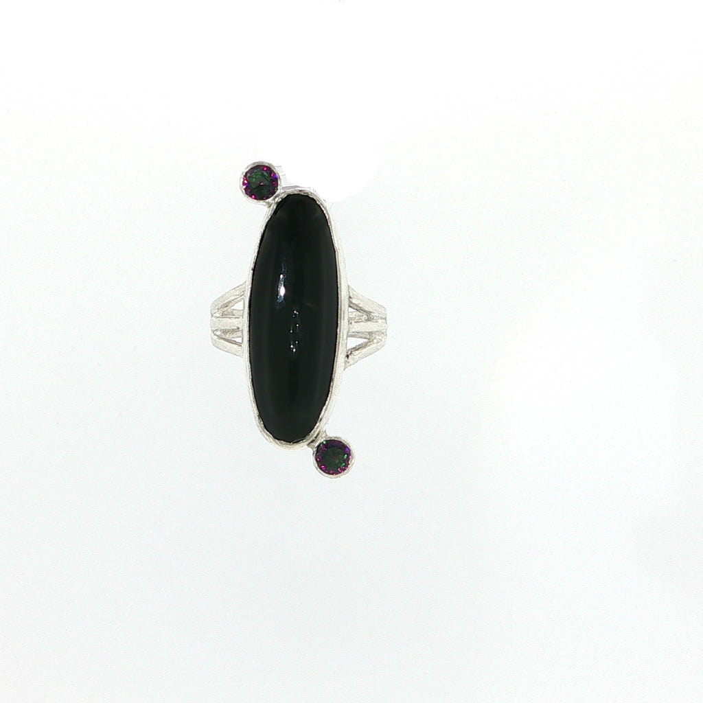 Black Obsidian and Mystic Topaz Sterling Silver Ring Size 7, Split Shank, Bezel-Set Oval Black Obsidian, Tube-Set Mystic Topaz