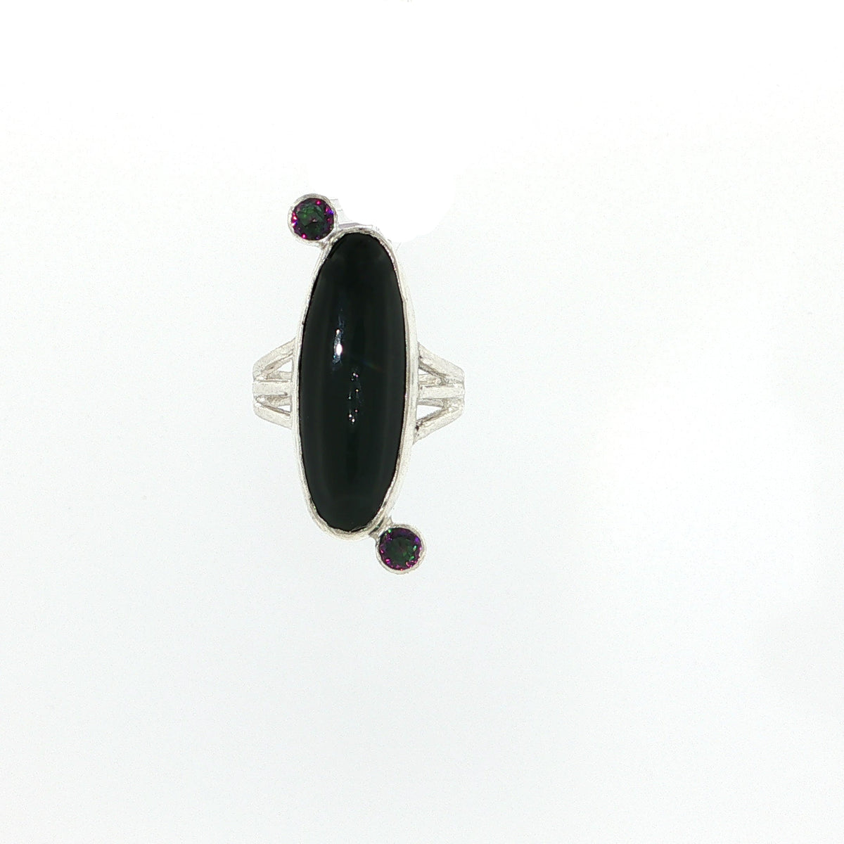 Black Obsidian and Mystic Topaz Sterling Silver Ring Size 7, Split Shank, Bezel-Set Oval Black Obsidian, Tube-Set Mystic Topaz