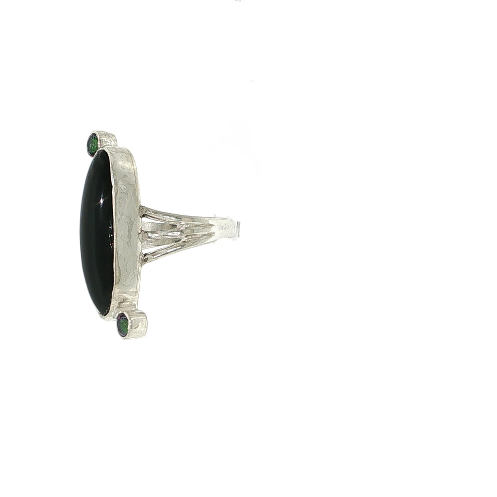 Black Obsidian and Mystic Topaz Sterling Silver Ring Size 7, Split Shank, Bezel-Set Oval Black Obsidian, Tube-Set Mystic Topaz