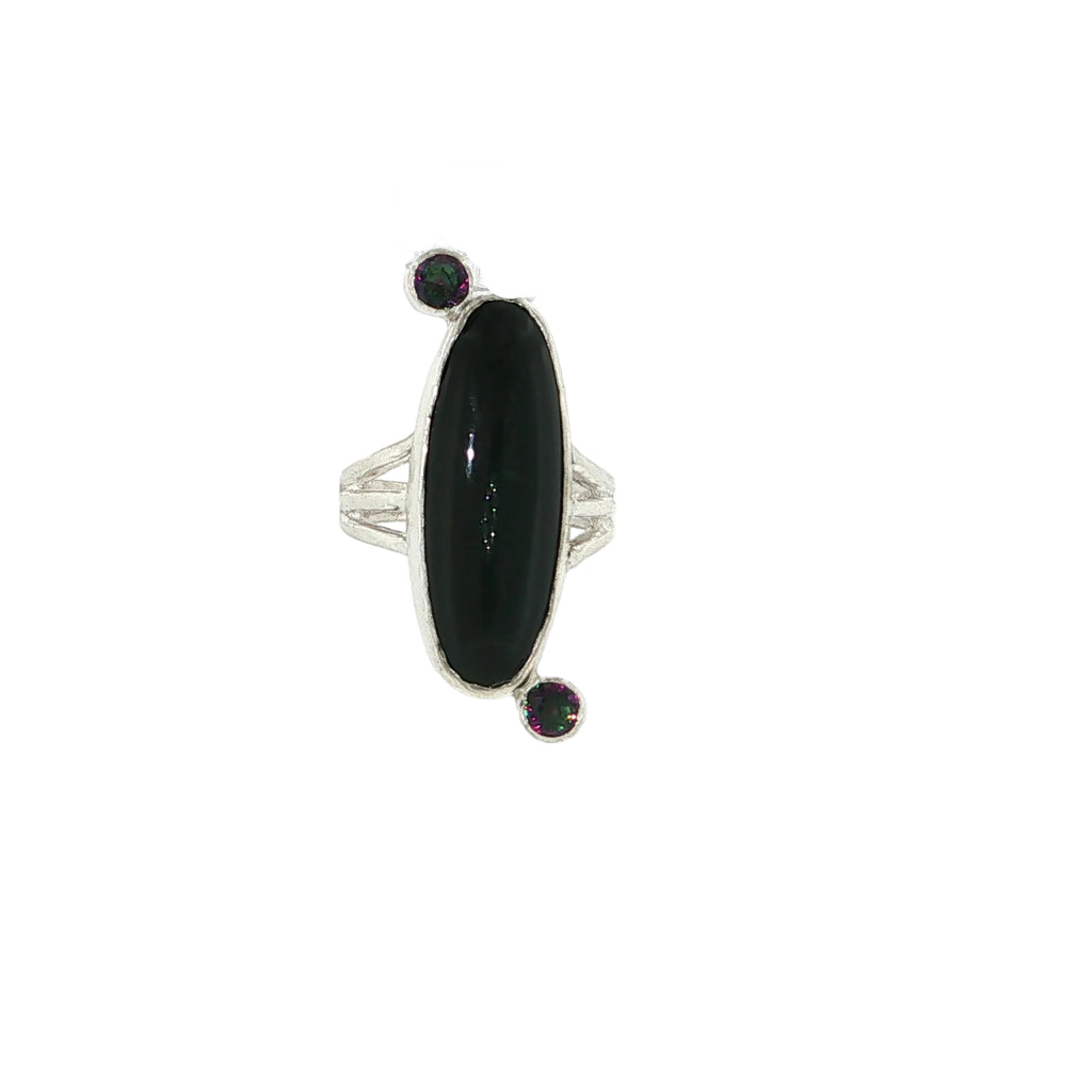 Black Obsidian and Mystic Topaz Sterling Silver Ring Size 7, Split Shank, Bezel-Set Oval Black Obsidian, Tube-Set Mystic Topaz