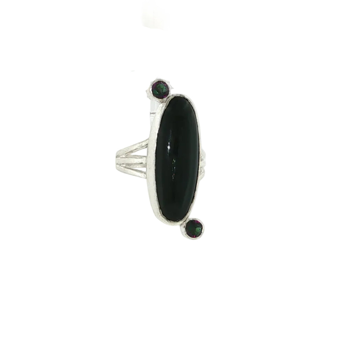 Black Obsidian and Mystic Topaz Sterling Silver Ring Size 7, Split Shank, Bezel-Set Oval Black Obsidian, Tube-Set Mystic Topaz