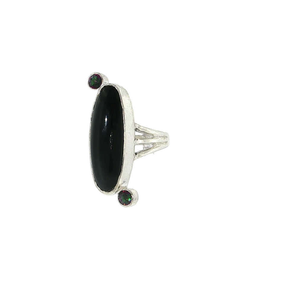 Black Obsidian and Mystic Topaz Sterling Silver Ring Size 7, Split Shank, Bezel-Set Oval Black Obsidian, Tube-Set Mystic Topaz