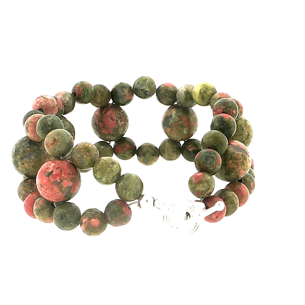 Unakite Gemstone Bracelet, Size 6.5, Cross-Weave, Sterling Silver Toggle