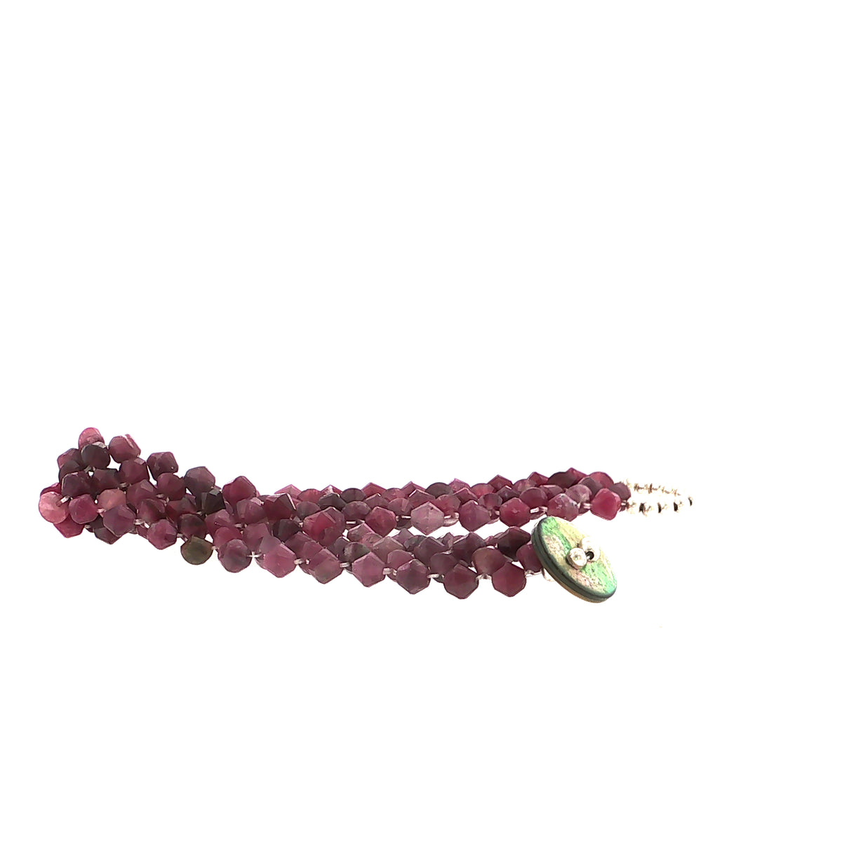 Pink Tourmaline Gemstone Bracelet Size 6, 4mm Faceted Bicone Beads, Right Angle Weave, Sterling Silver Seed Beads, Abalone Shell Button Closure