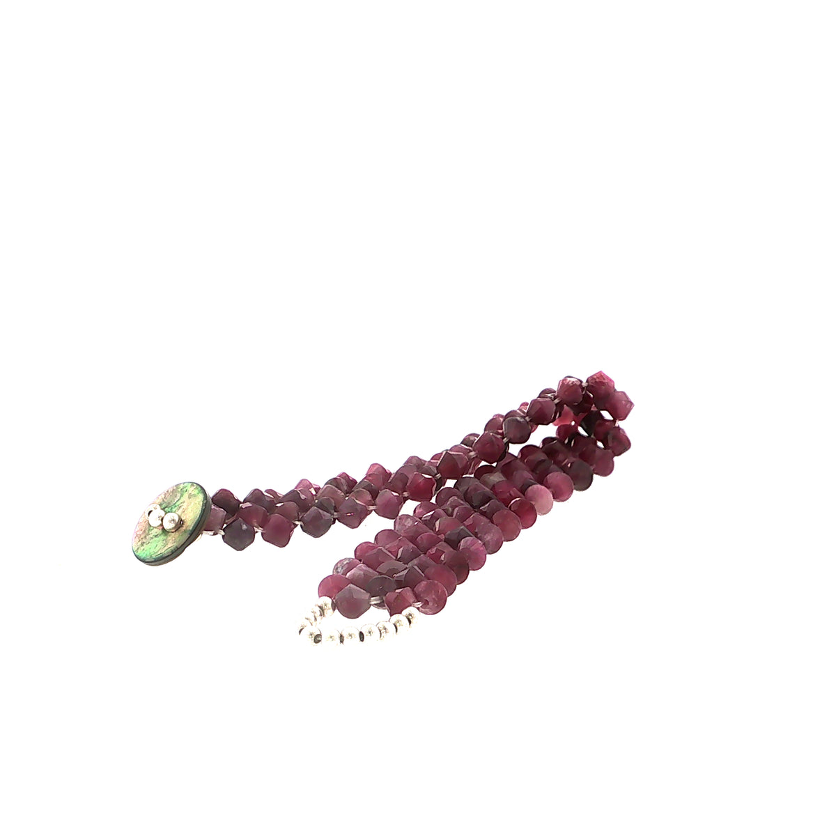 Pink Tourmaline Gemstone Bracelet Size 6, 4mm Faceted Bicone Beads, Right Angle Weave, Sterling Silver Seed Beads, Abalone Shell Button Closure