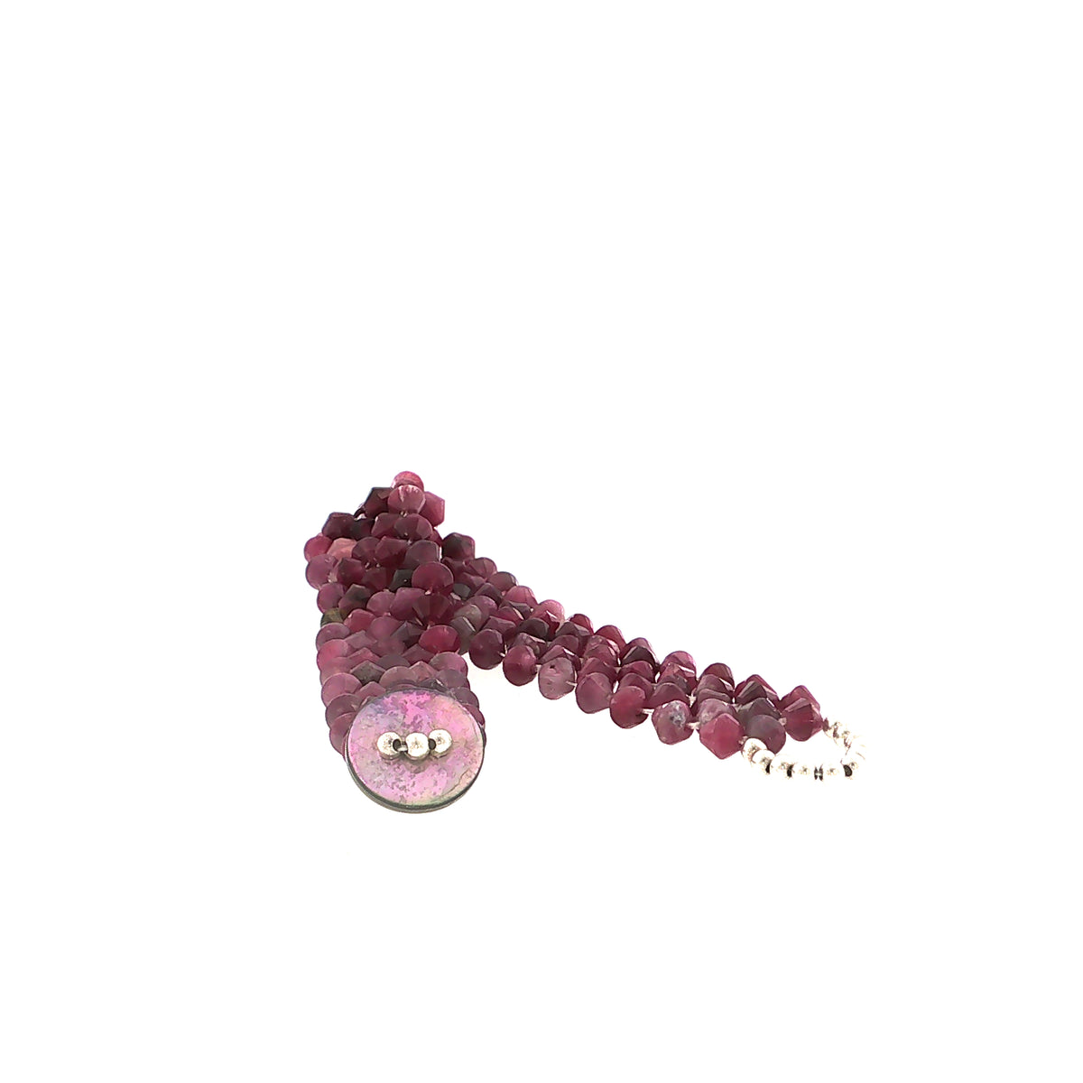 Pink Tourmaline Gemstone Bracelet Size 6, 4mm Faceted Bicone Beads, Right Angle Weave, Sterling Silver Seed Beads, Abalone Shell Button Closure