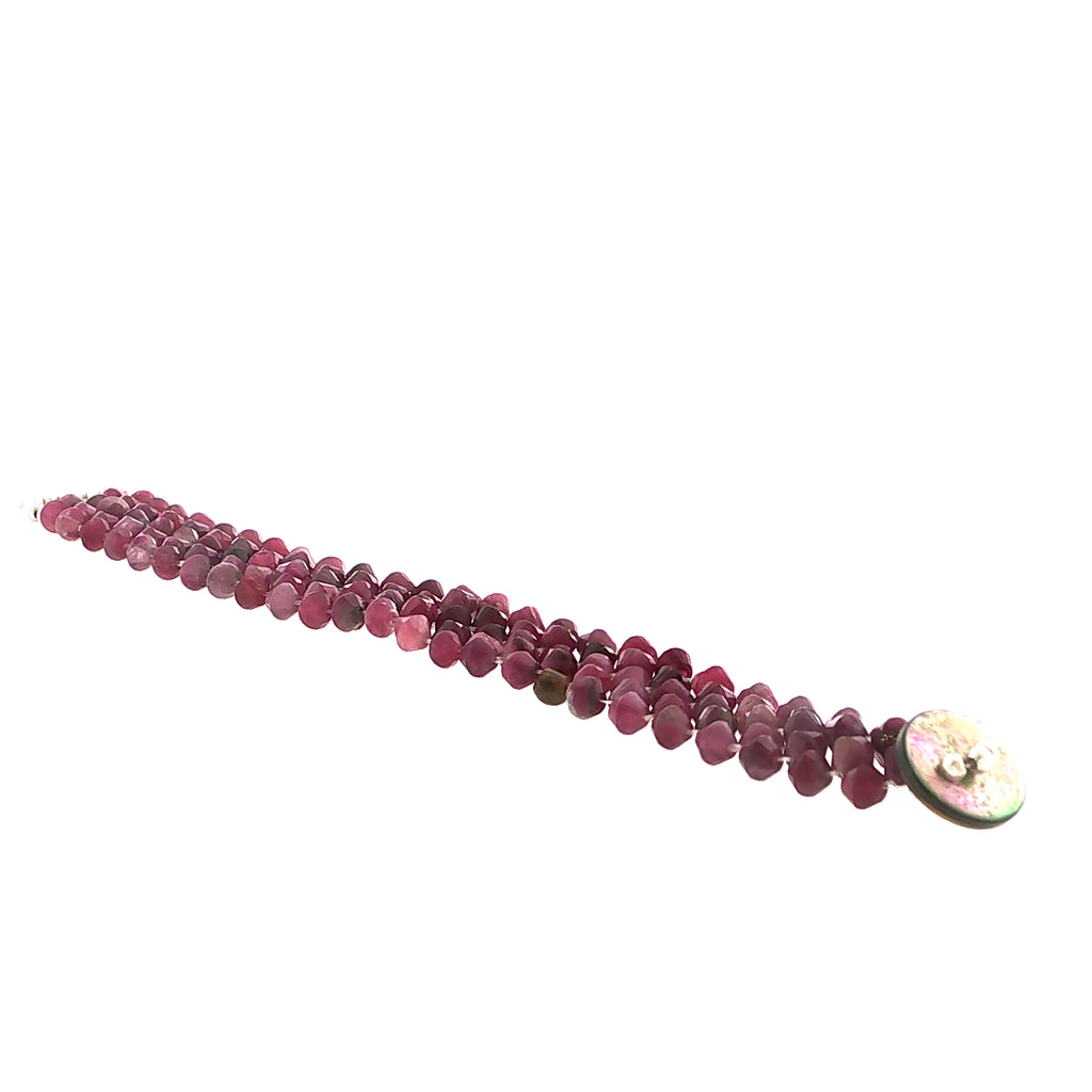 Pink Tourmaline Gemstone Bracelet Size 6, 4mm Faceted Bicone Beads, Right Angle Weave, Sterling Silver Seed Beads, Abalone Shell Button Closure