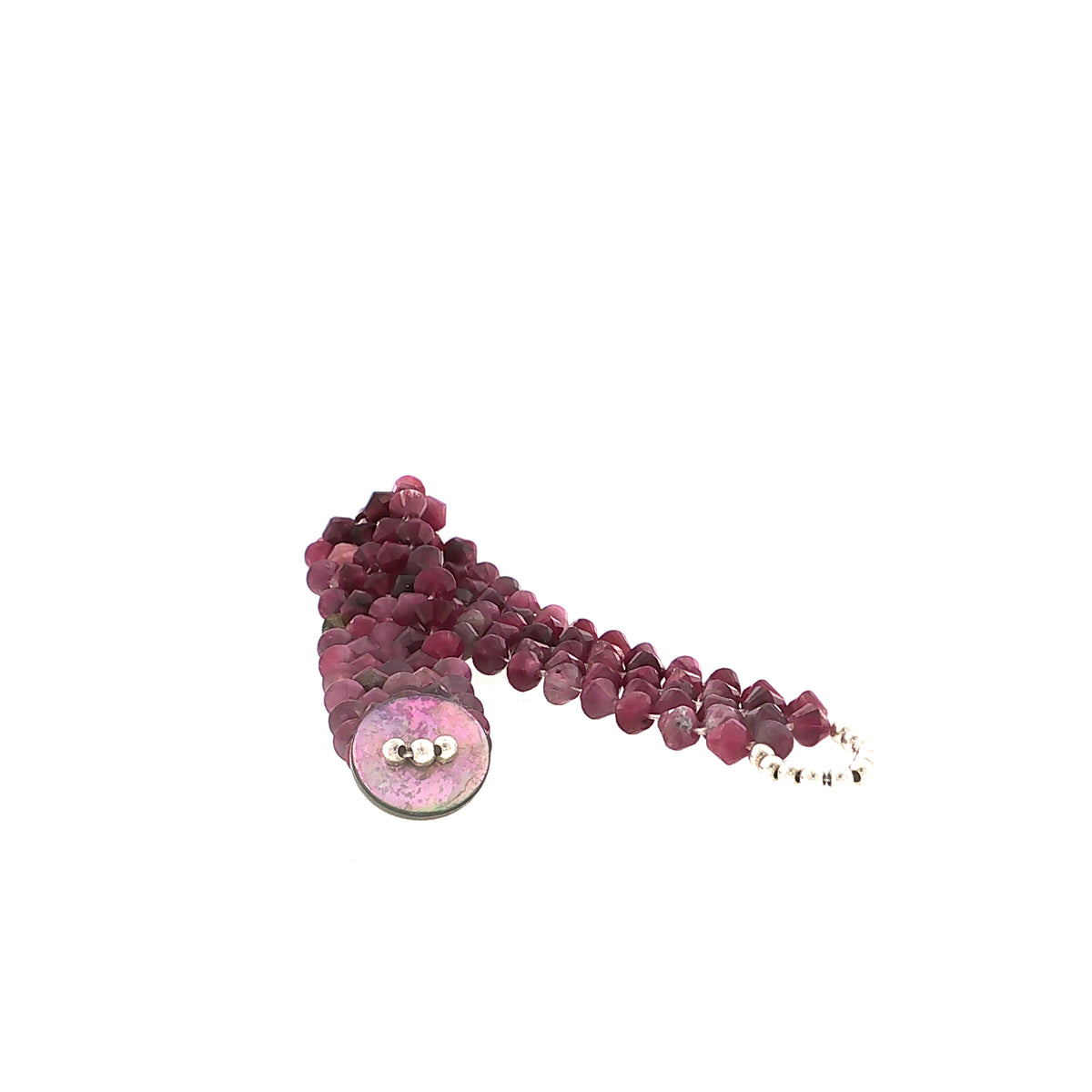 Pink Tourmaline Gemstone Bracelet Size 6, 4mm Faceted Bicone Beads, Right Angle Weave, Sterling Silver Seed Beads, Abalone Shell Button Closure