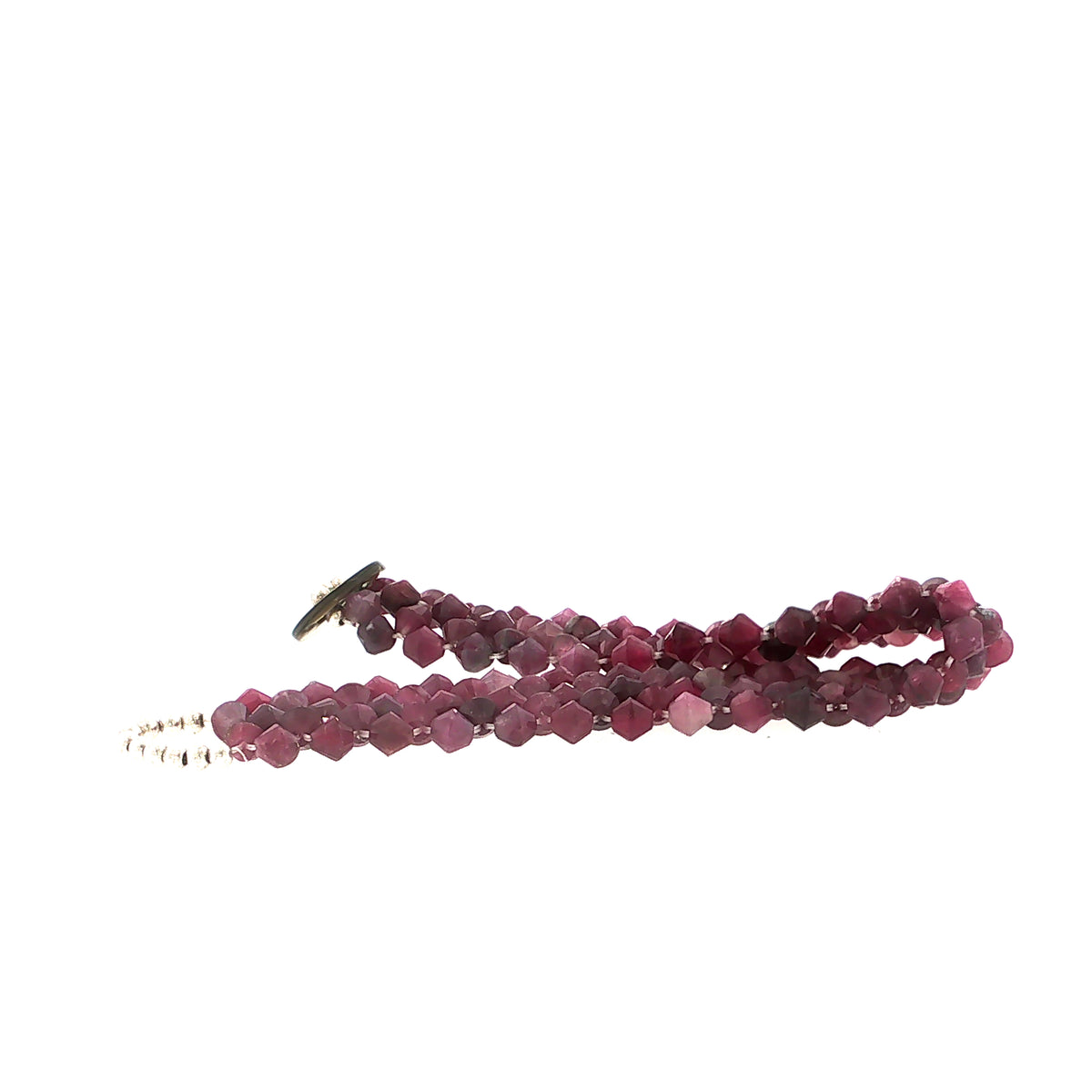 Pink Tourmaline Gemstone Bracelet Size 6, 4mm Faceted Bicone Beads, Right Angle Weave, Sterling Silver Seed Beads, Abalone Shell Button Closure
