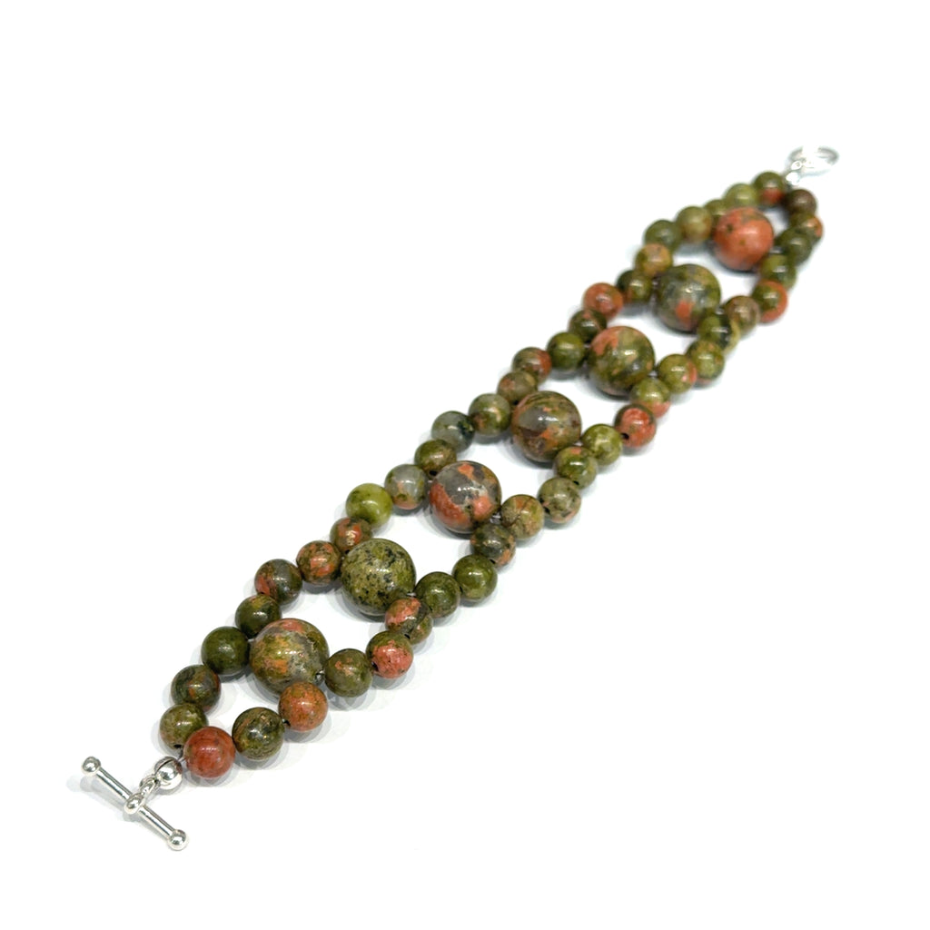 Unakite Gemstone Bracelet, Size 6.5, Cross-Weave, Sterling Silver Toggle