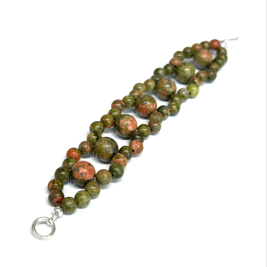 Unakite Gemstone Bracelet, Size 6.5, Cross-Weave, Sterling Silver Toggle