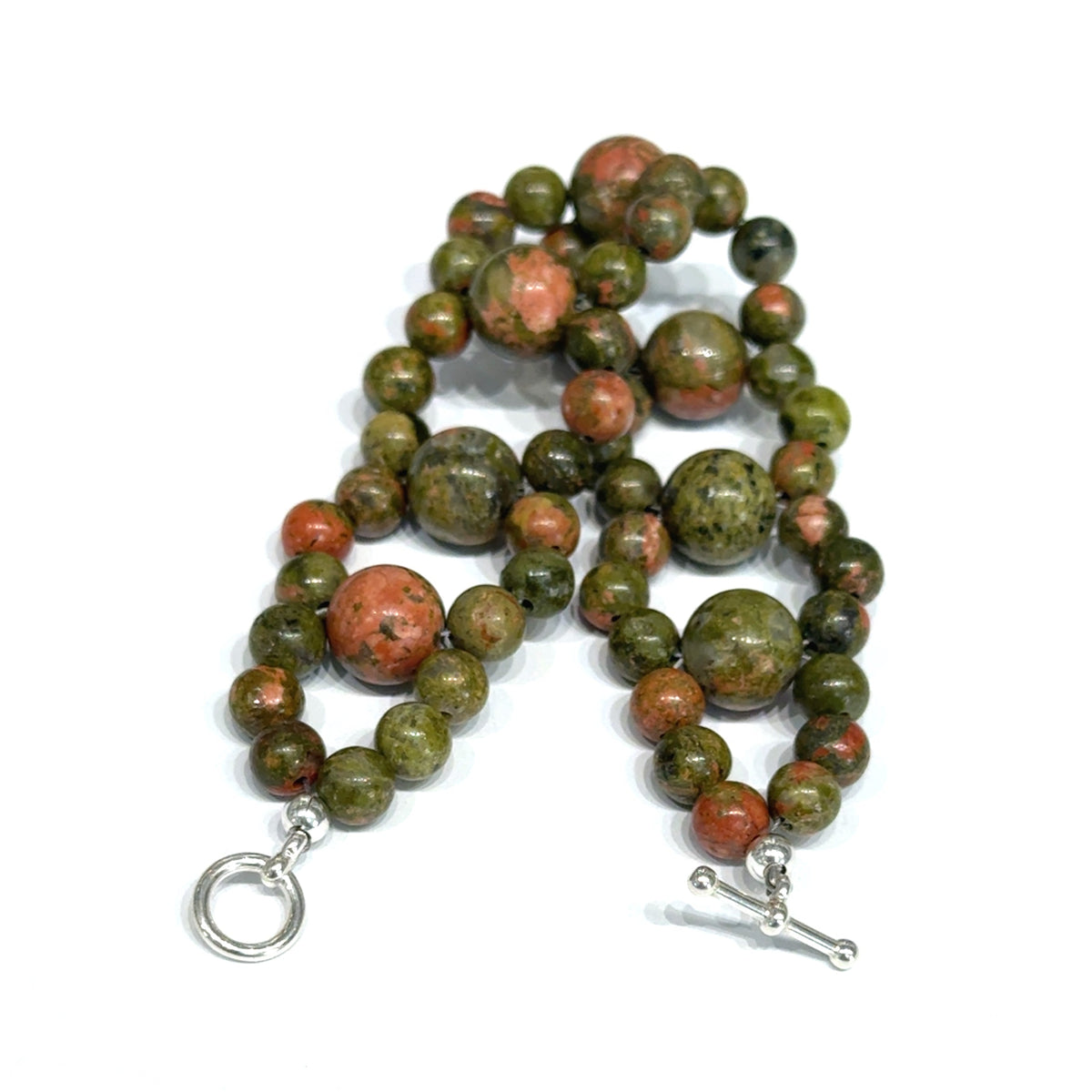 Unakite Gemstone Bracelet, Size 6.5, Cross-Weave, Sterling Silver Toggle