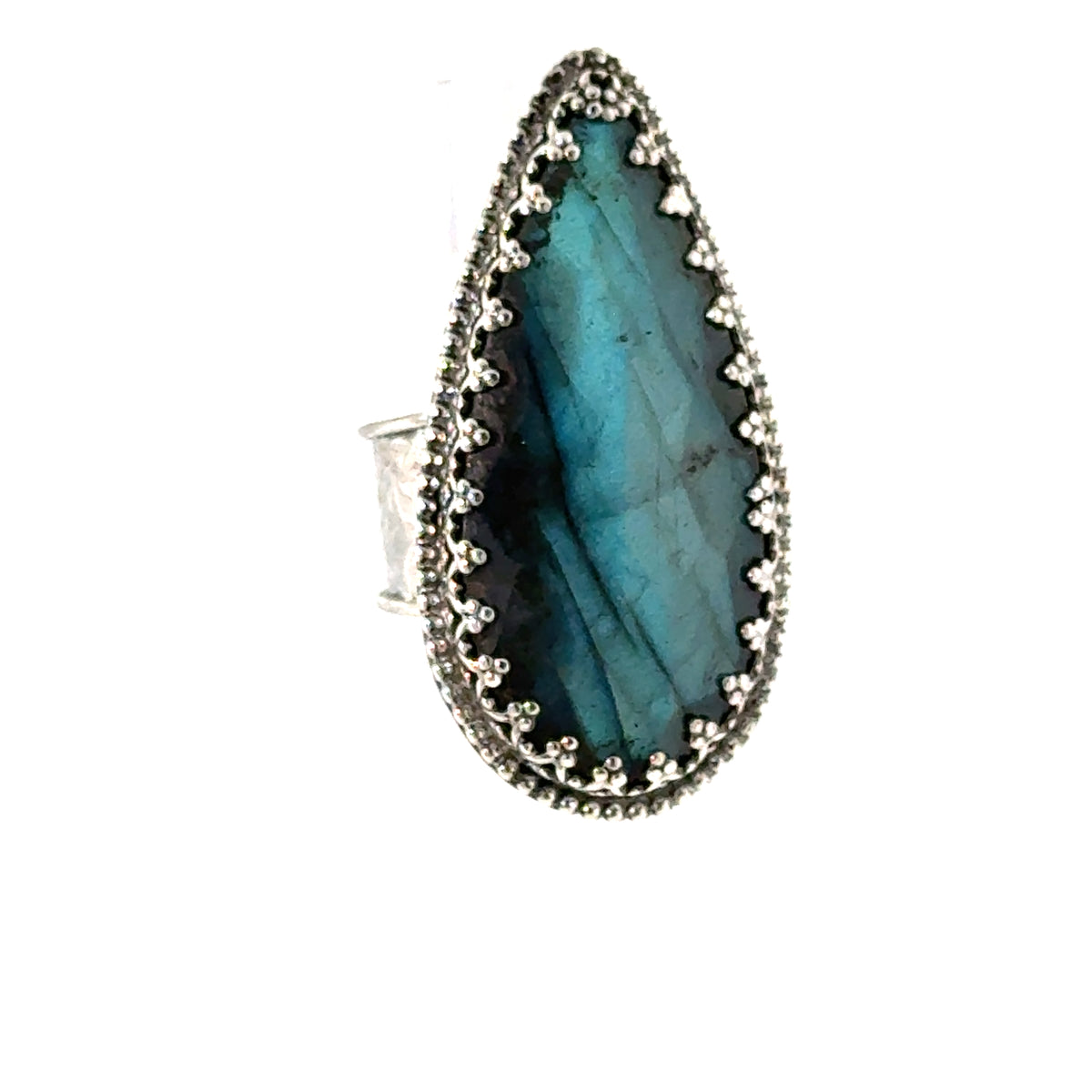 Labradorite Teardrop Sterling Silver Ring, Size 7.5, Wide Patterned Shank, Decorative Bezel Setting