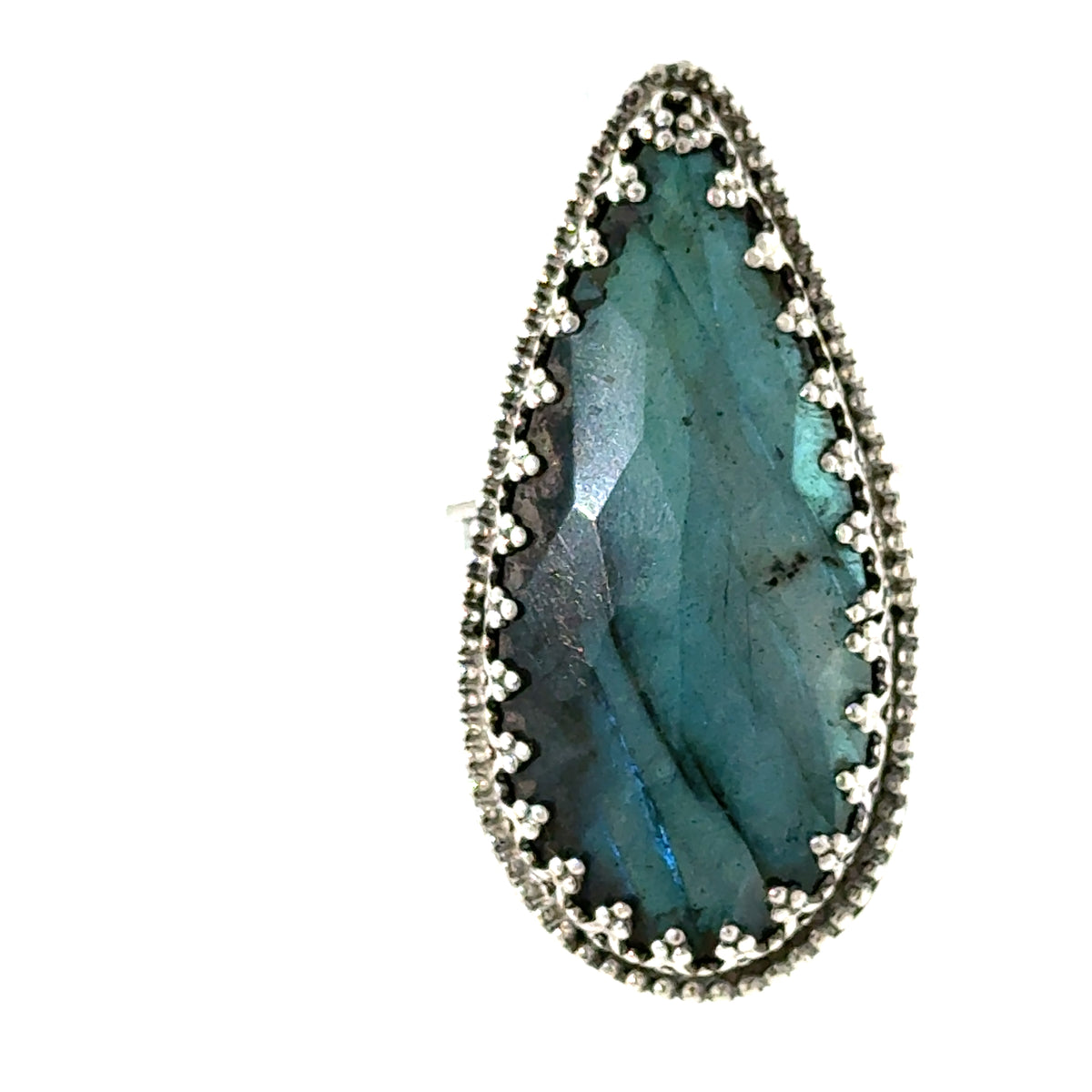 Labradorite Teardrop Sterling Silver Ring, Size 7.5, Wide Patterned Shank, Decorative Bezel Setting