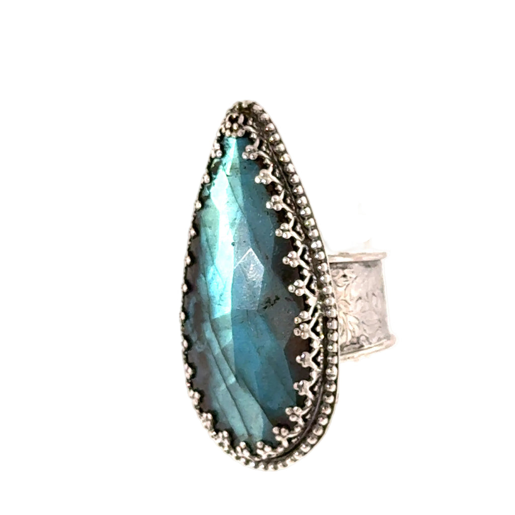 Labradorite Teardrop Sterling Silver Ring, Size 7.5, Wide Patterned Shank, Decorative Bezel Setting