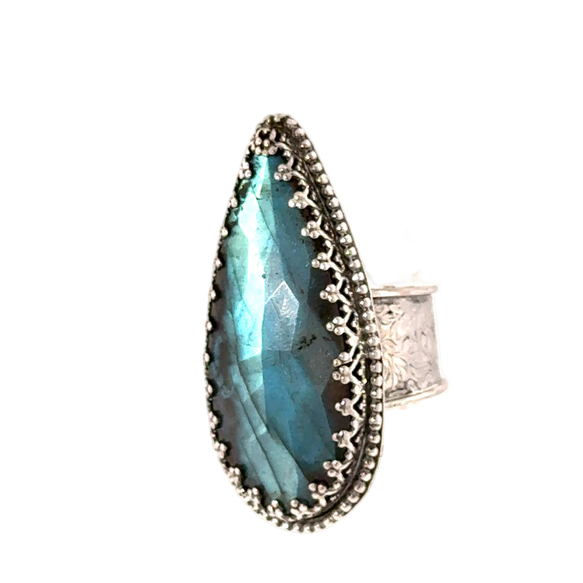 Labradorite Teardrop Sterling Silver Ring, Size 7.5, Wide Patterned Shank, Decorative Bezel Setting